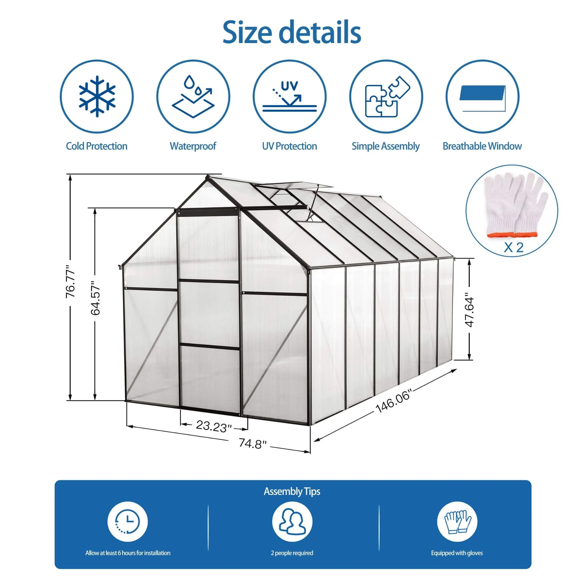 [06X12FT] Alora Heavy-Duty Black Polycarbonate Greenhouse With Raised Base And Anchor (SAK92451) - Image 10