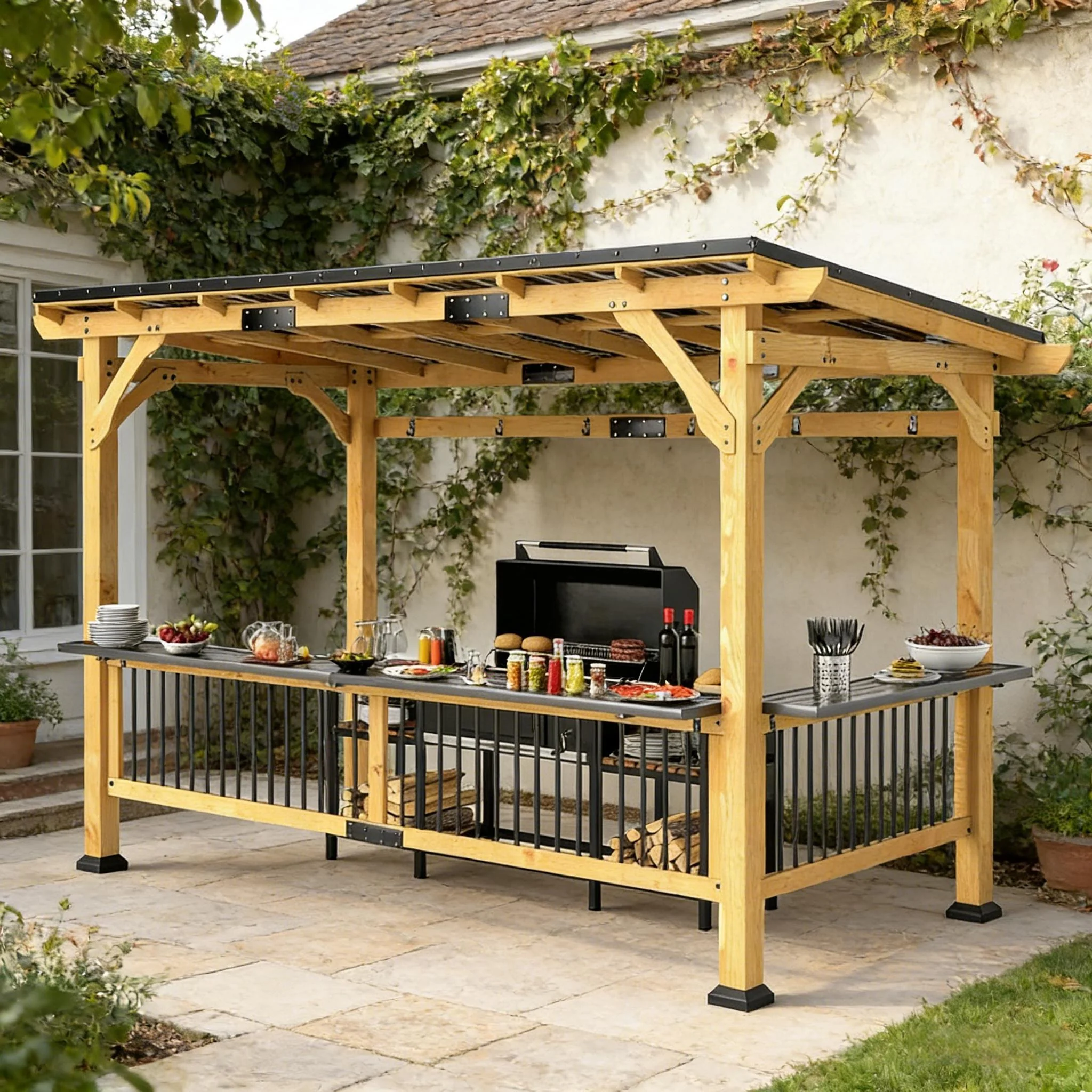 [06X13FT] Premium Outdoor Hardtop Wooden BBQ Grill Gazebo (SAK97420) - Image 8