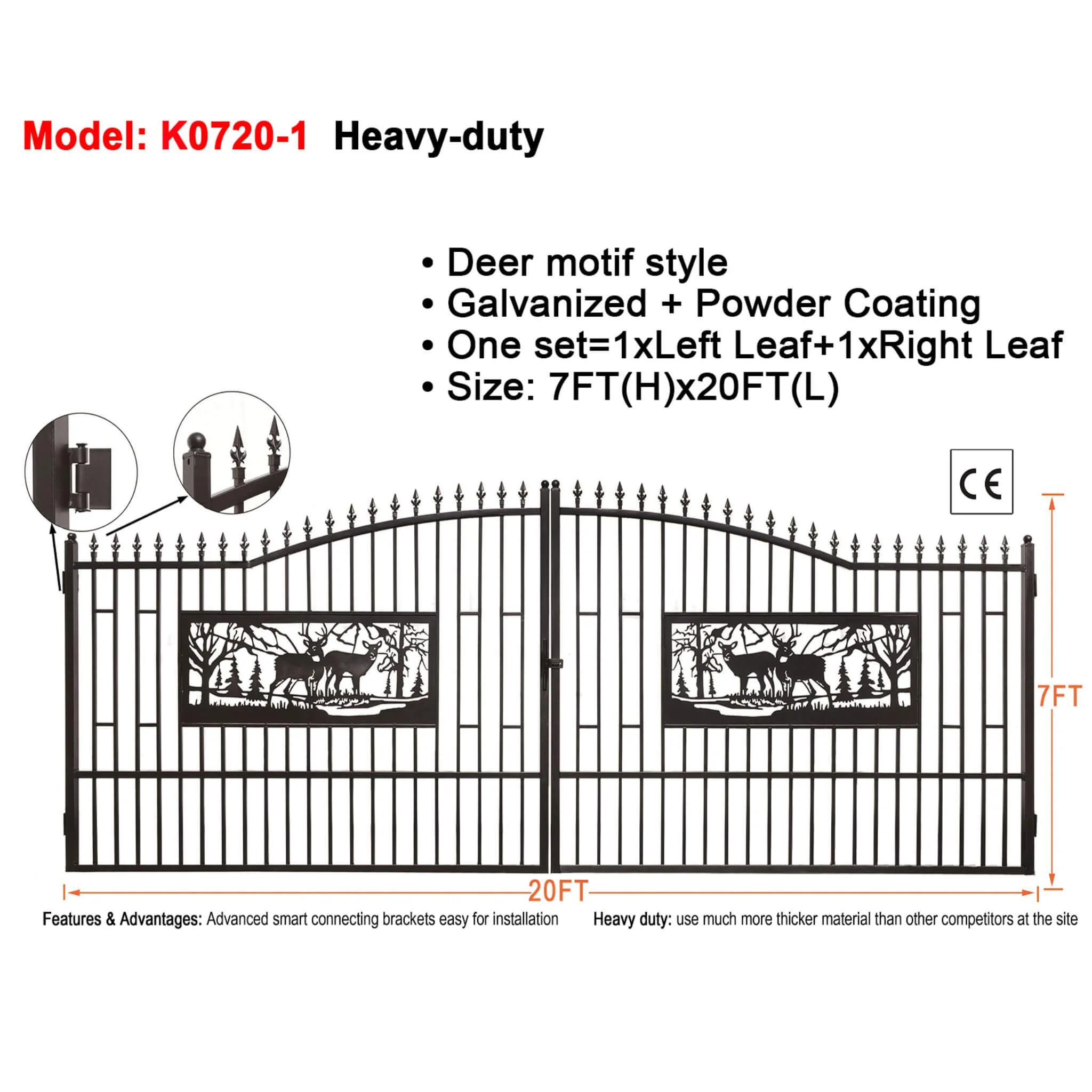 [07X20FT] Heavy-Duty Deer Motif Style Bi-Parting Galvanized Steel Driveway Entrance Gate (SAK68731) - Image 6
