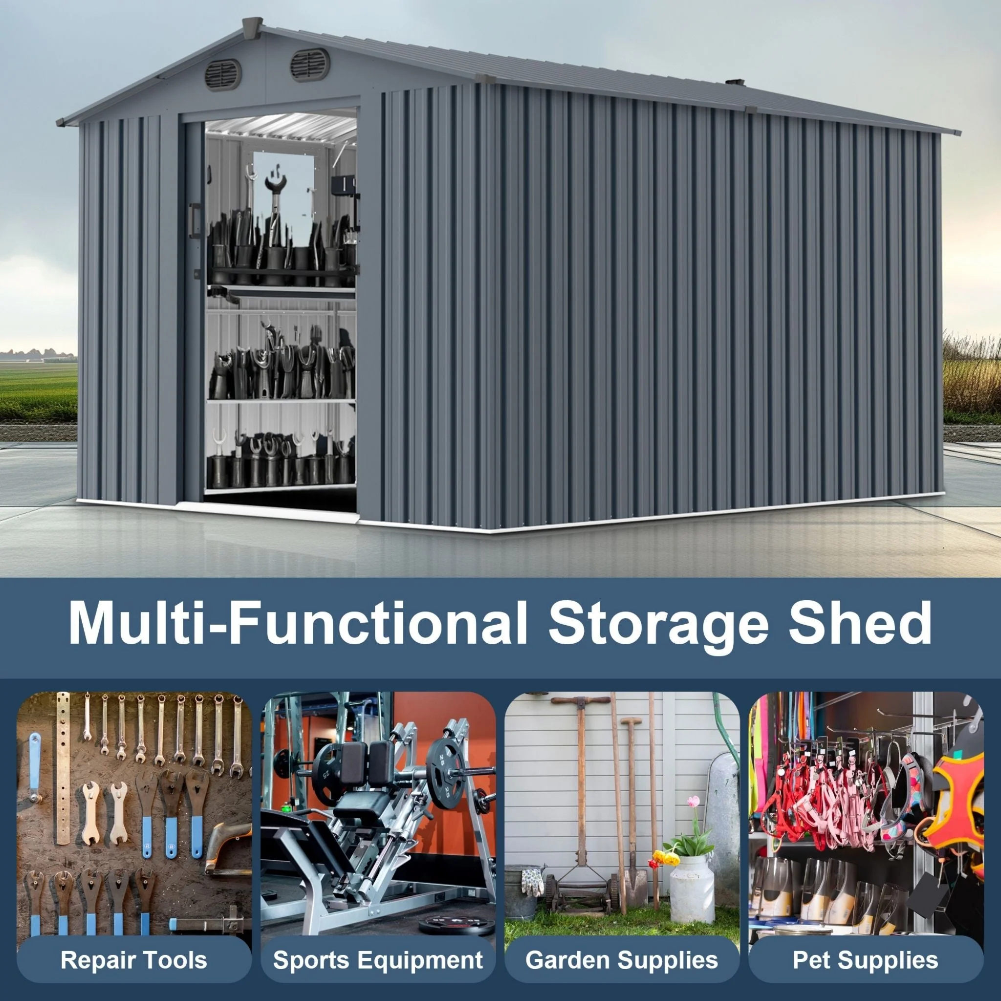 [08X10FT] Large Outdoor Metal Backyard Garden Storage Tool Shed With Window And Lockable Doors (SAK68140) - Image 6