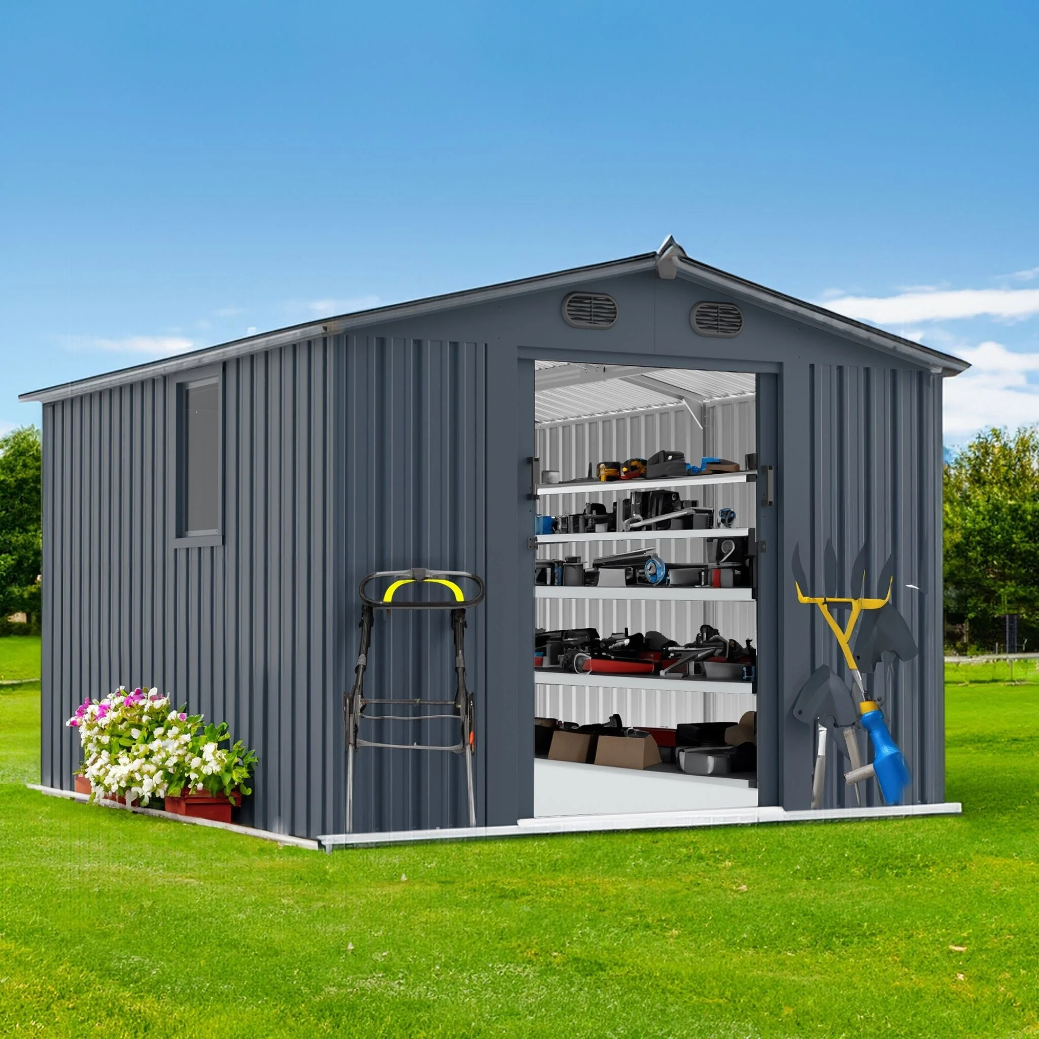 [08X10FT] Large Outdoor Metal Backyard Garden Storage Tool Shed With Window And Lockable Doors (SAK68140) - Image 8
