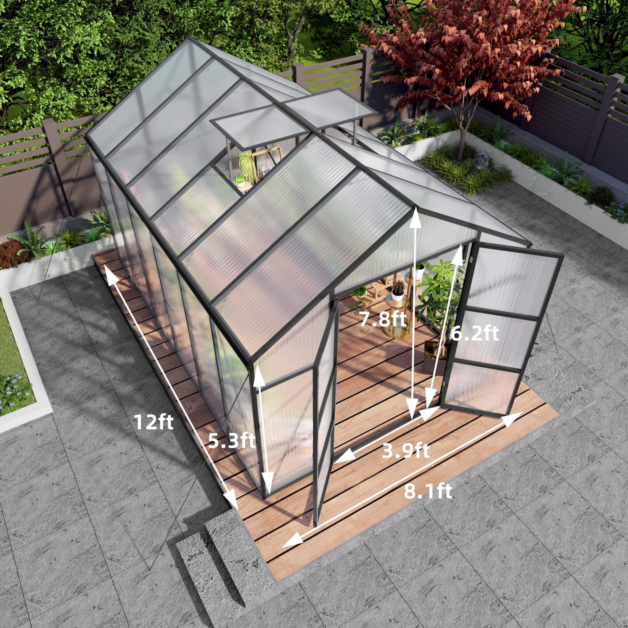 [08X12FT] All-Season Outdoor Backyard Polycarbonate Greenhouse With Raised Base And Aluminum Frame (SAK78614) - Image 15