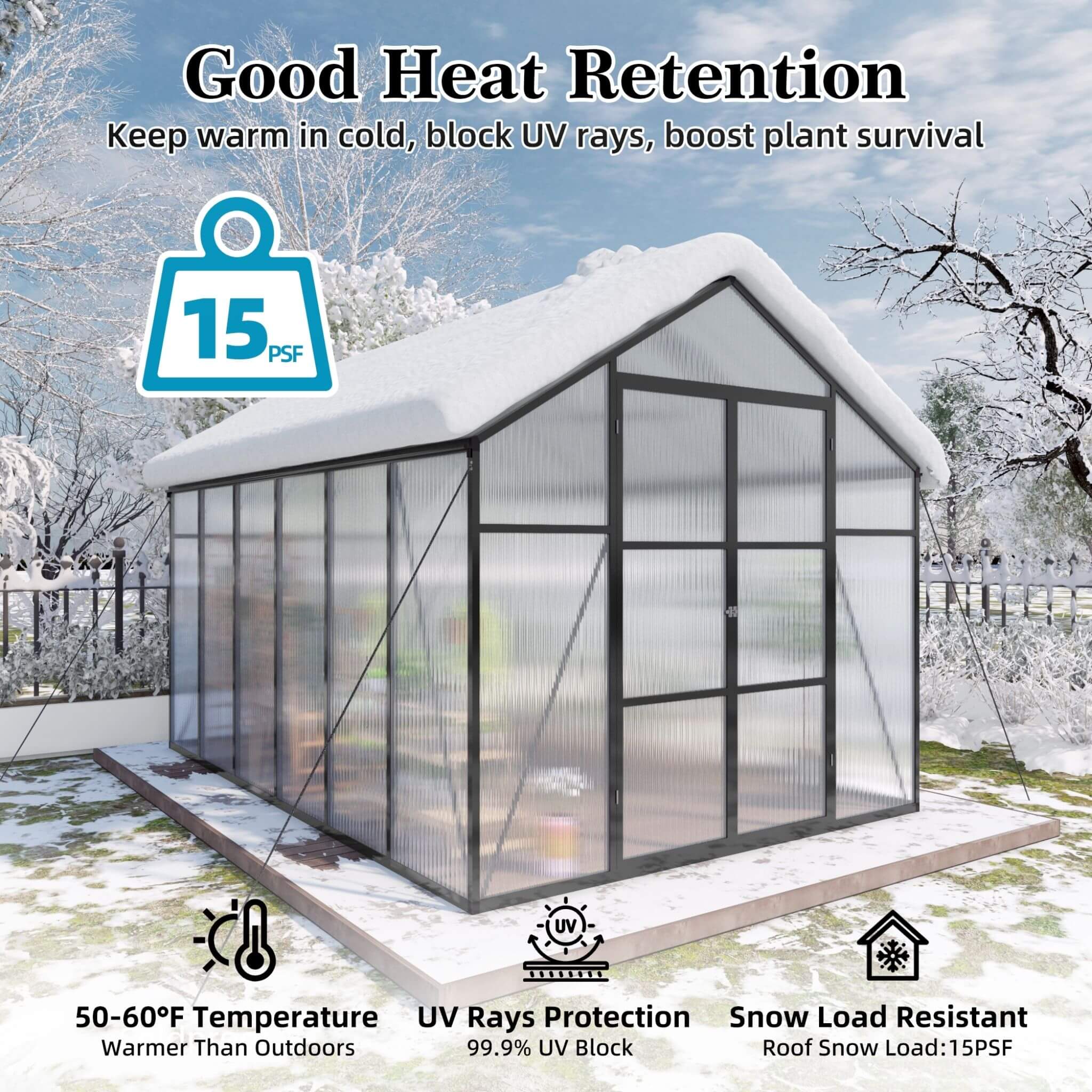[08X12FT] All-Season Outdoor Backyard Polycarbonate Greenhouse With Raised Base And Aluminum Frame (SAK78614) - Image 6