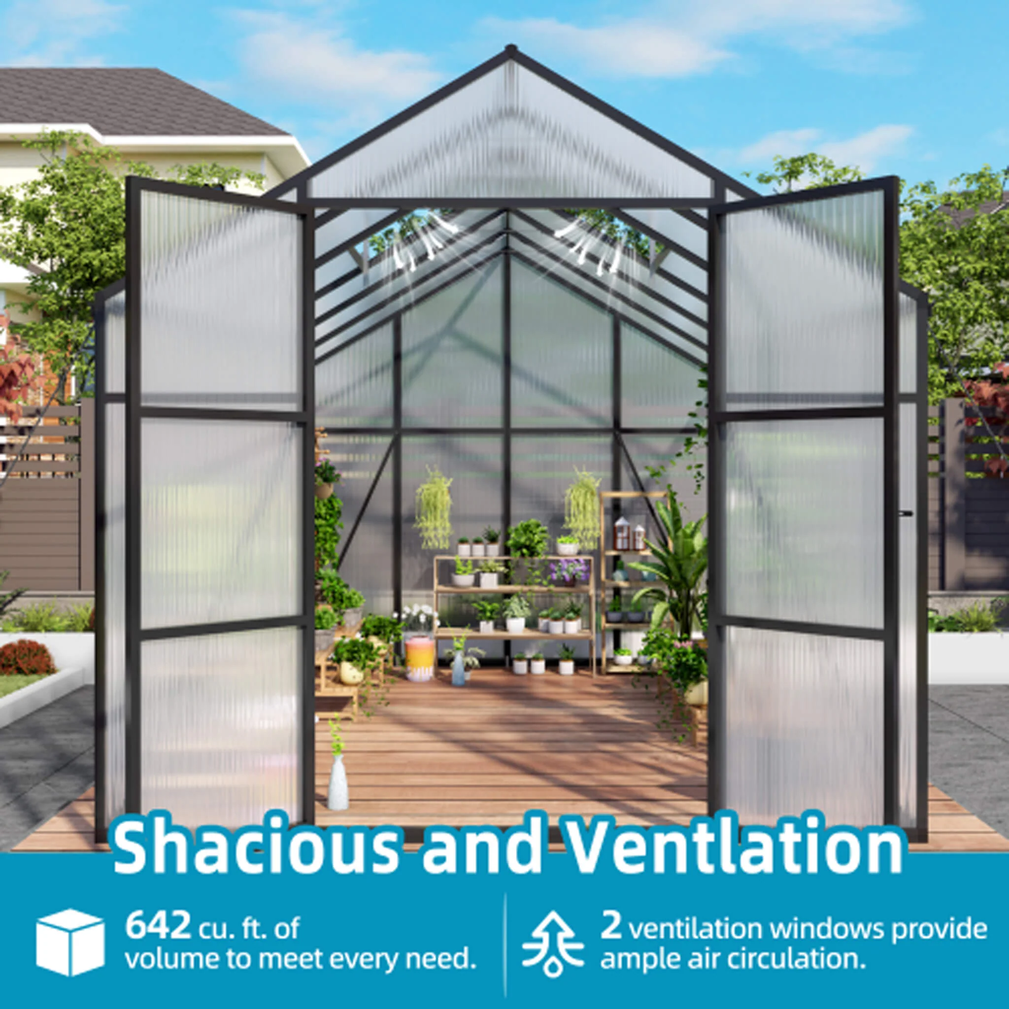 [08X12FT] All-Season Outdoor Backyard Polycarbonate Greenhouse With Raised Base And Aluminum Frame (SAK78614) - Image 8
