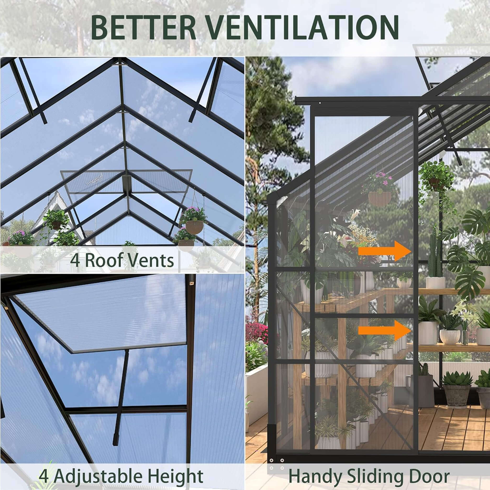 [08X16FT] Premium Outdoor Walk-In Polycarbonate Greenhouse With Roof Vents & Sliding Doors, 4MM (SAK72649) - Image 4