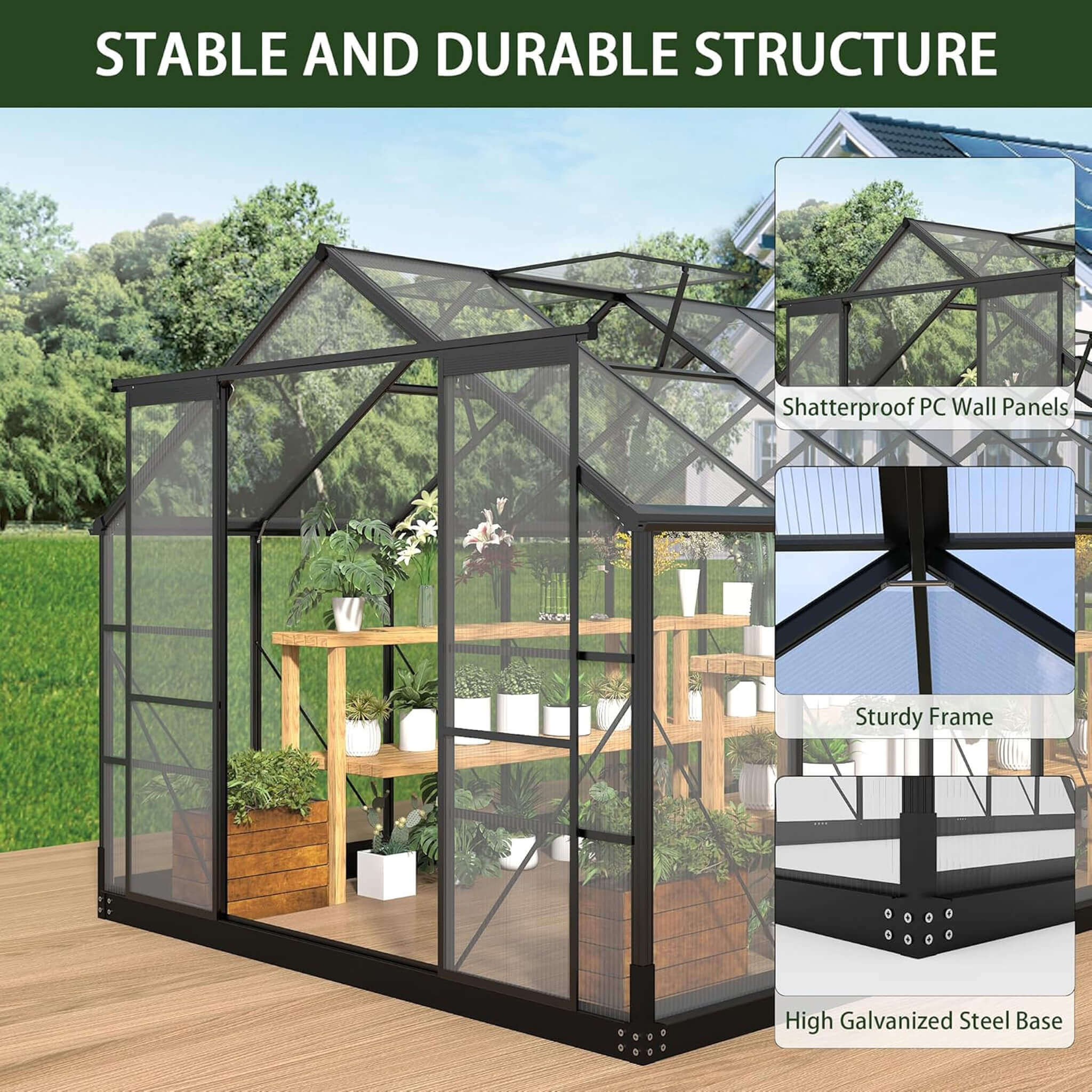 [08X16FT] Premium Outdoor Walk-In Polycarbonate Greenhouse With Roof Vents & Sliding Doors, 4MM (SAK72649) - Image 5