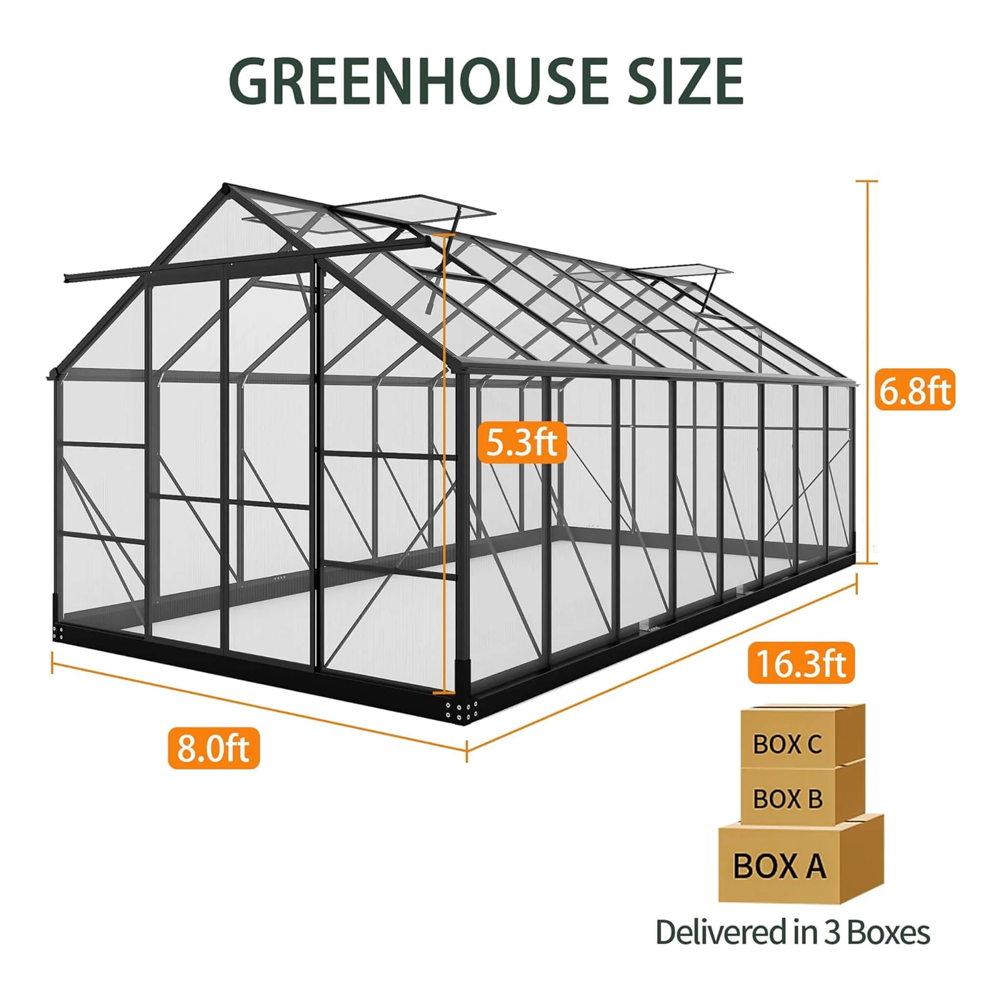 [08X16FT] Premium Outdoor Walk-In Polycarbonate Greenhouse With Roof Vents & Sliding Doors, 4MM (SAK72649) - Image 8