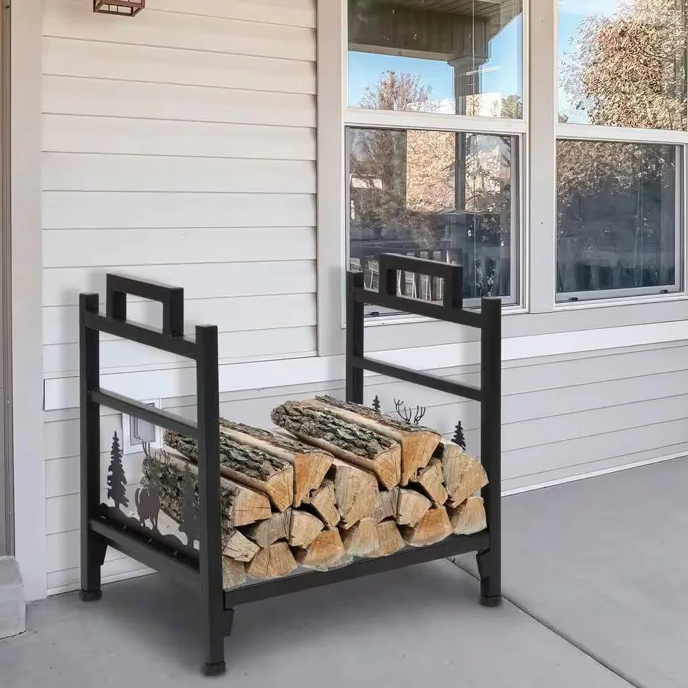 1.5 Ft. Black Metal Firewood Log Rack with Deer Pattern - Image 2