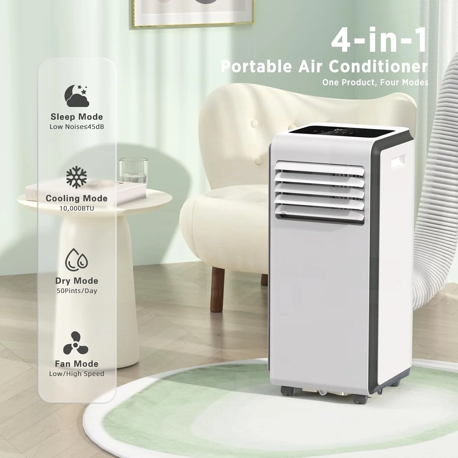 10,000 BTU Portable Air Conditioners Cool Room Up to 450 Sq.Ft, 4 Modes Portable AC with Remote/LED Display/24Hrs Timer - Image 3