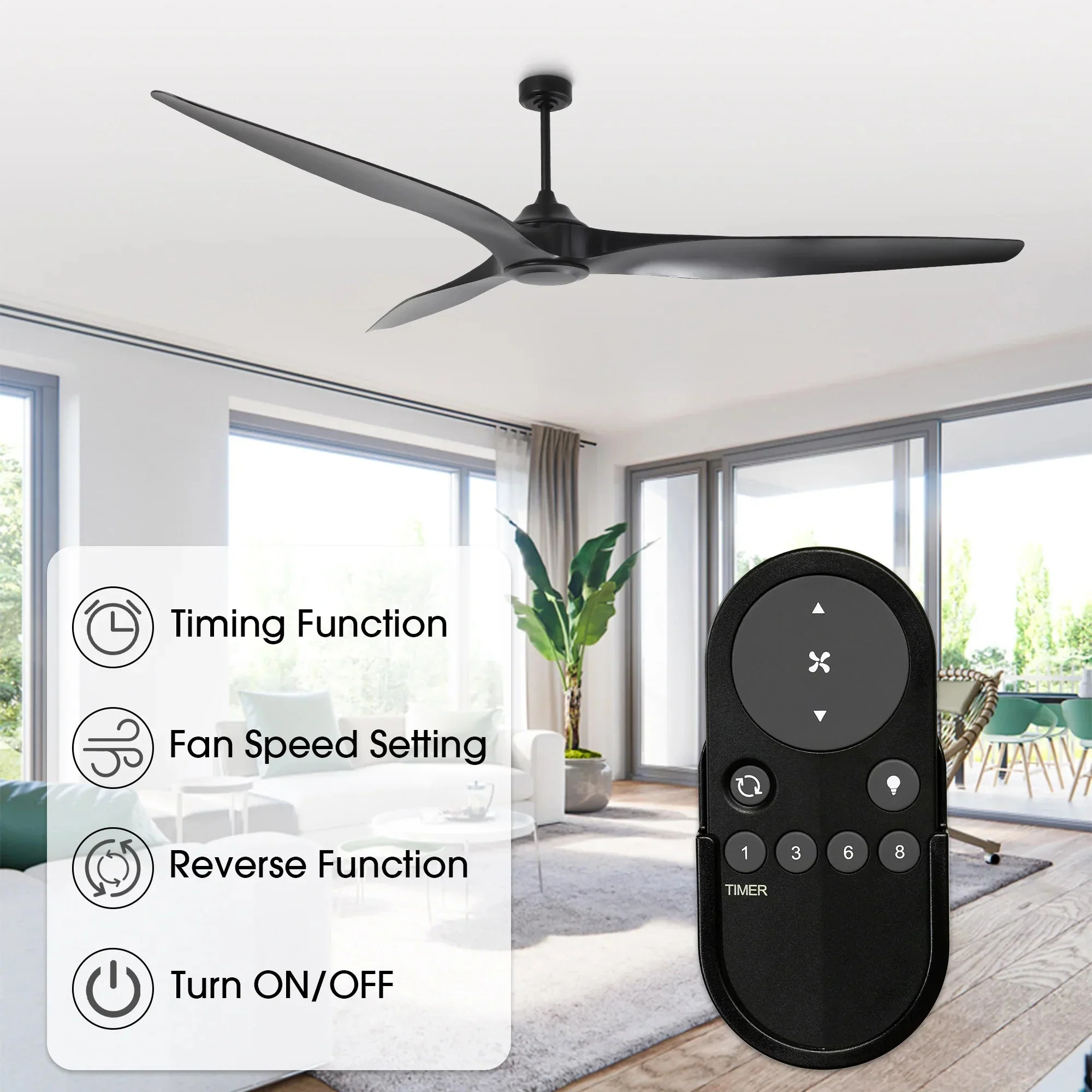 100 Inch Simon Black IP44 Outdoor Downrod Mount Ceiling Fan with Remote Control - Image 7