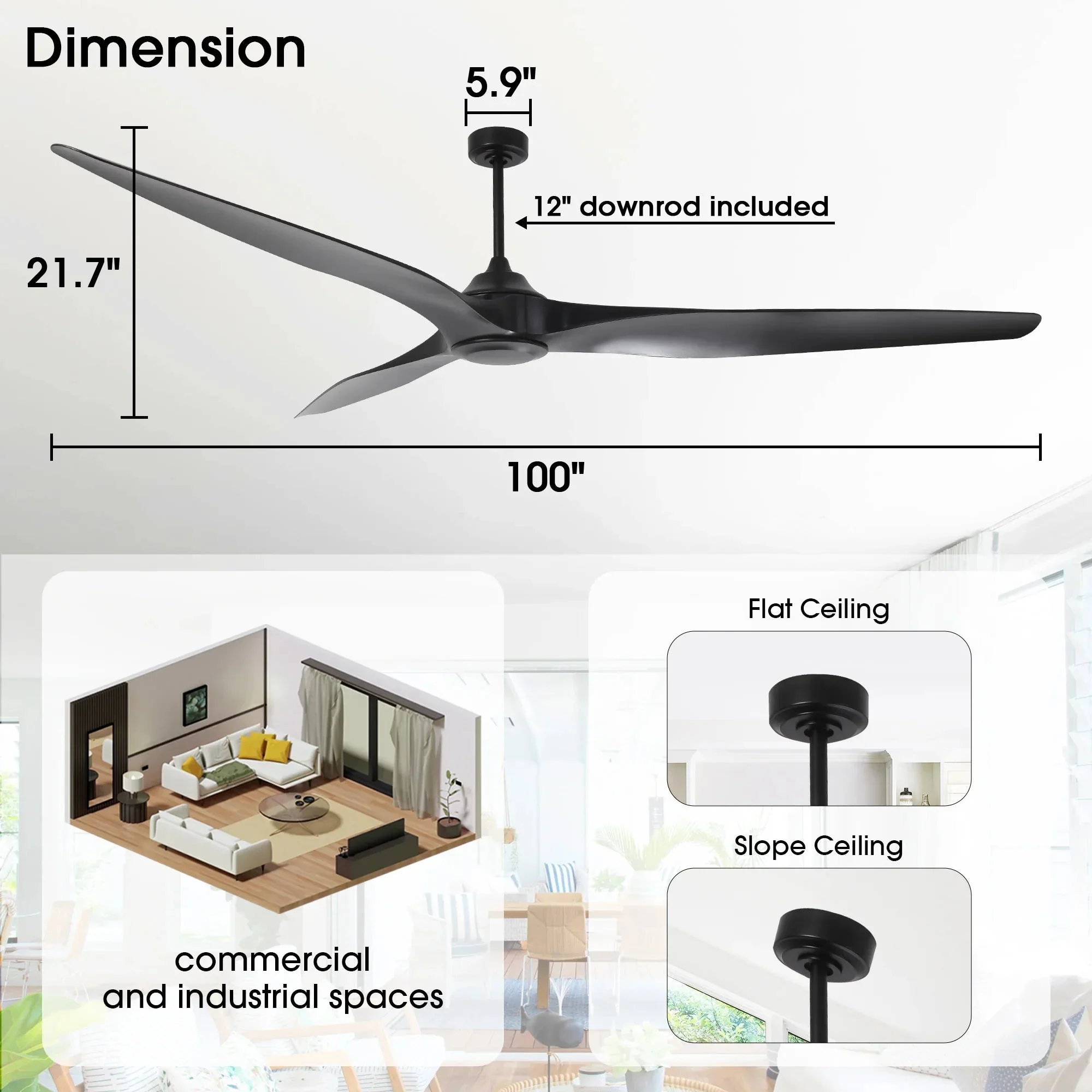 100 Inch Simon Black IP44 Outdoor Downrod Mount Ceiling Fan with Remote Control - Image 8