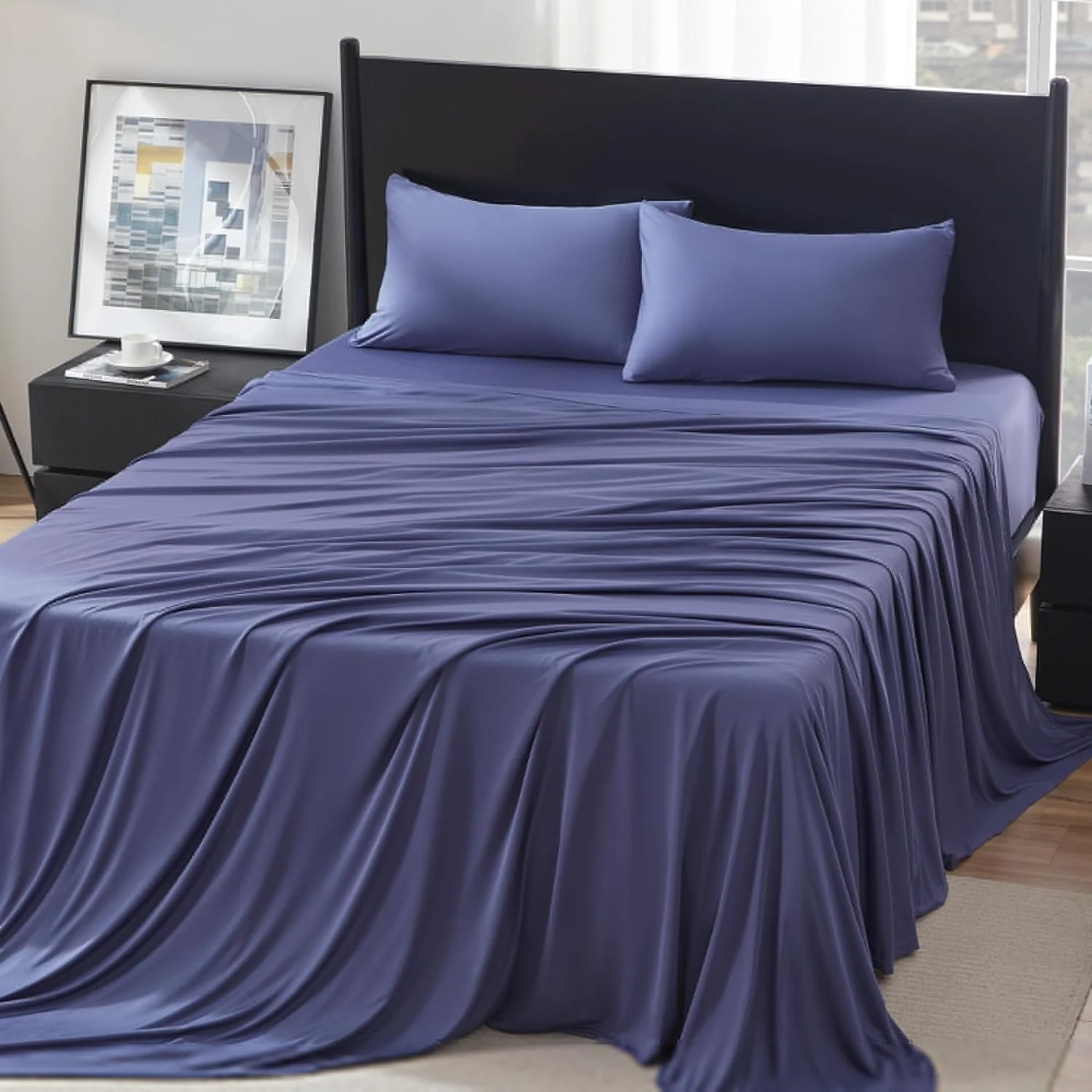 100% Microfiber Jersey Knit Sheet Set with Pillowcases-Navy - Image 2
