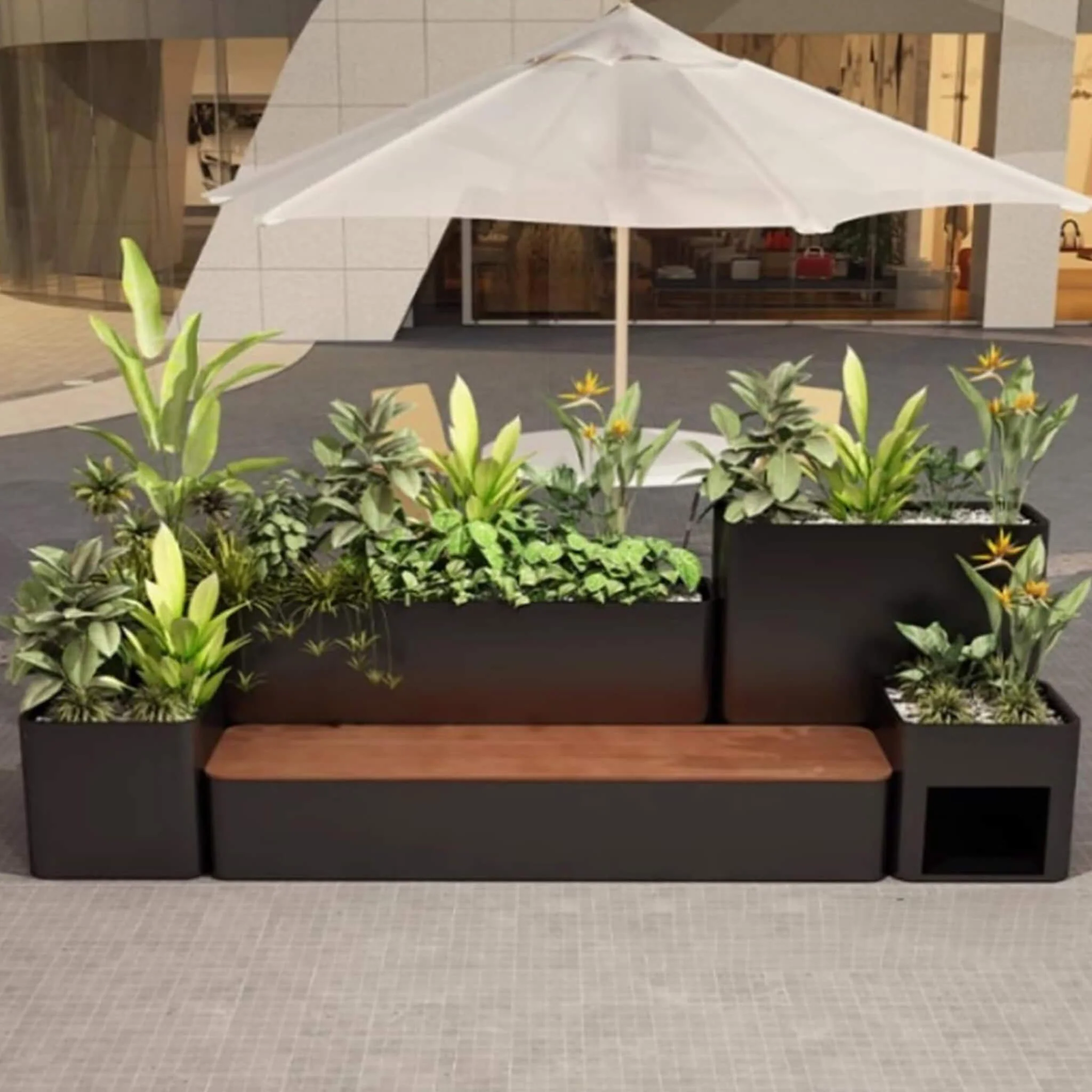 10FT Large Industrial Outdoor Flowerbox Bench With Metal Planter And Hardwood Seat [Made To Order] (SAK95620) - Image 4