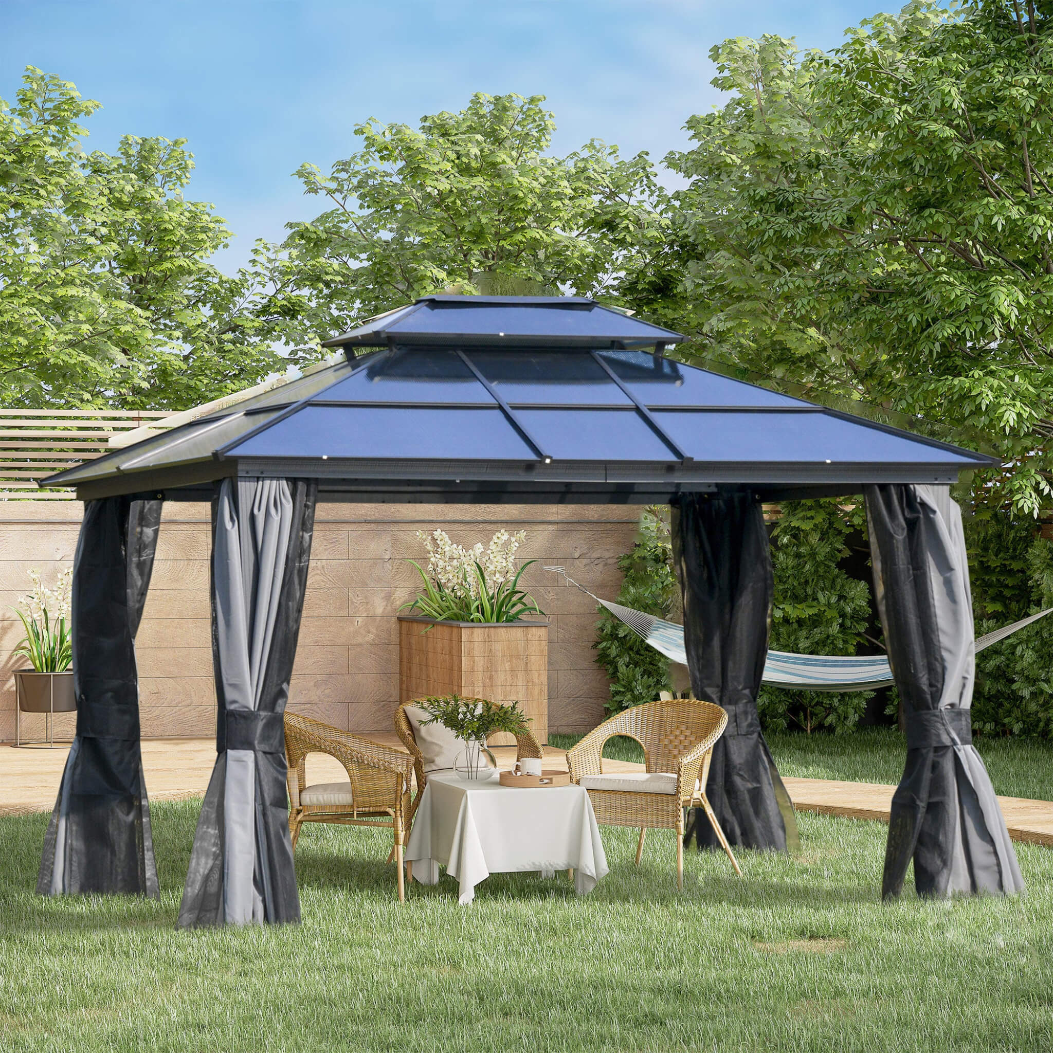 [10X12FT] Alora Hardtop Gazebo Canopy With Polycarbonate Double Roof, Netting, And Curtains (SAK15672) - Image 3