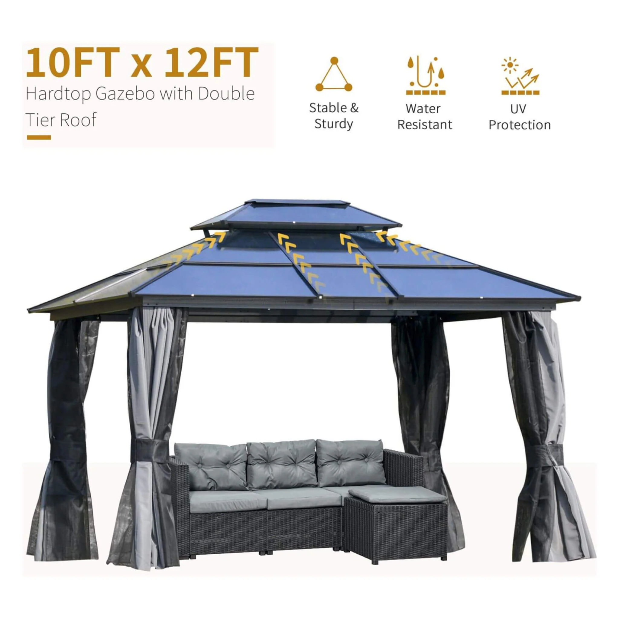 [10X12FT] Alora Hardtop Gazebo Canopy With Polycarbonate Double Roof, Netting, And Curtains (SAK15672) - Image 4