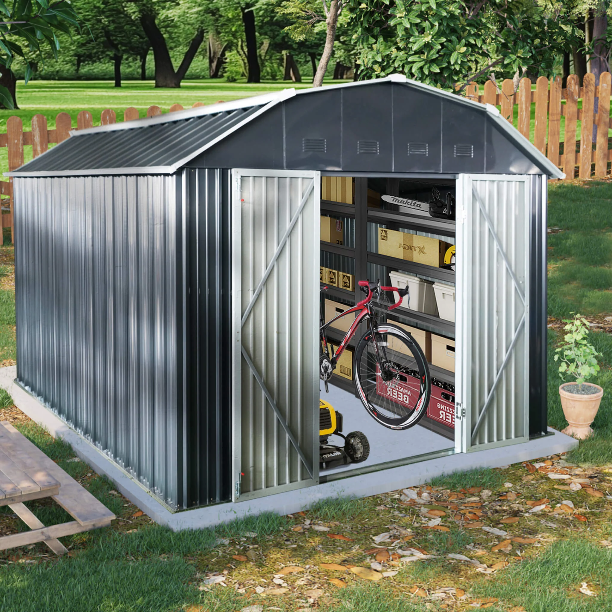 [10X12FT] Alora Heavy-Duty Outdoor Metal Garden Backyard Shed With Arch Roof And Lockable Doors (SAK57431) - Image 5