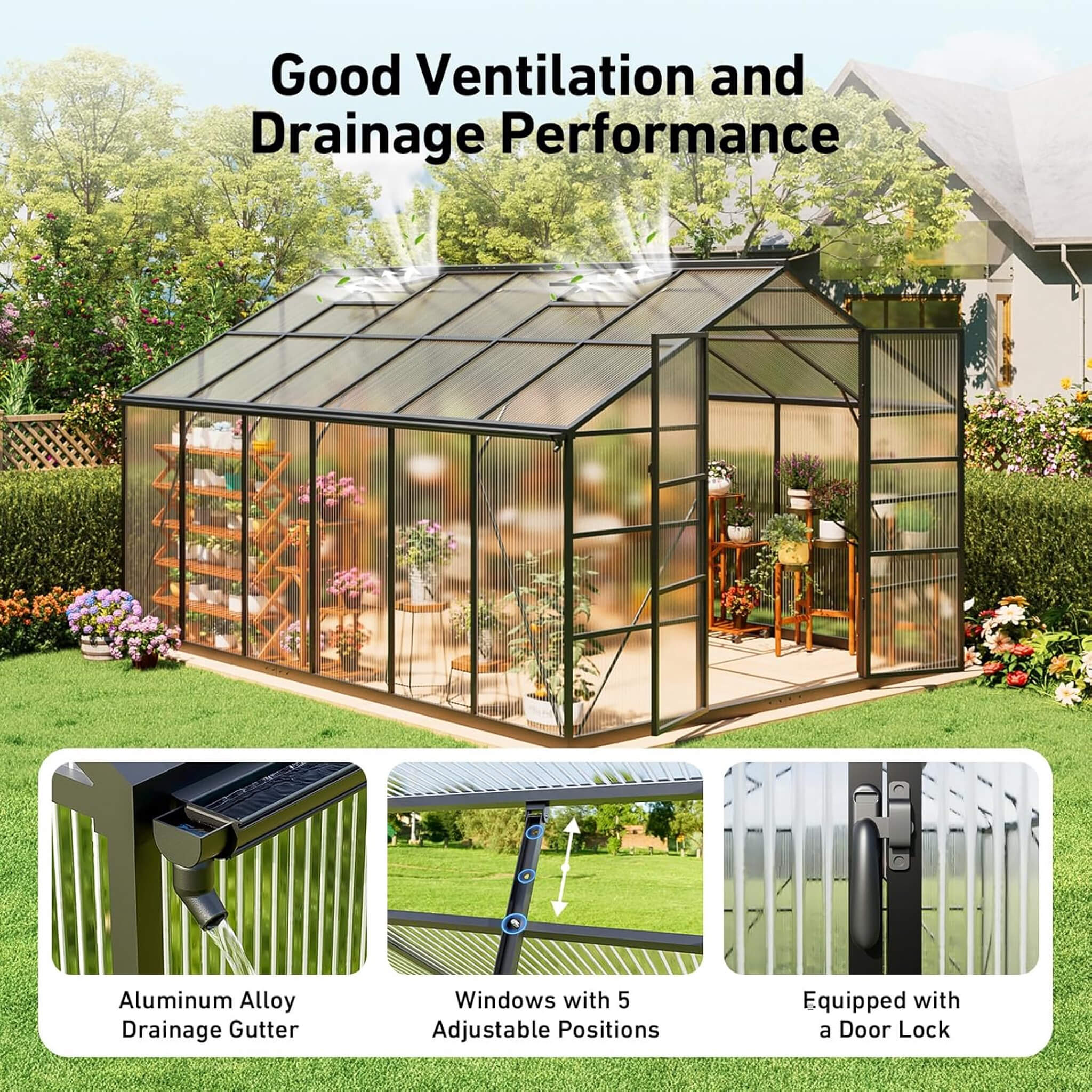 [10X12FT] Outdoor Polycarbonate Aluminum Greenhouse With UV Protection And Thermometer (SAK59183) - Image 6