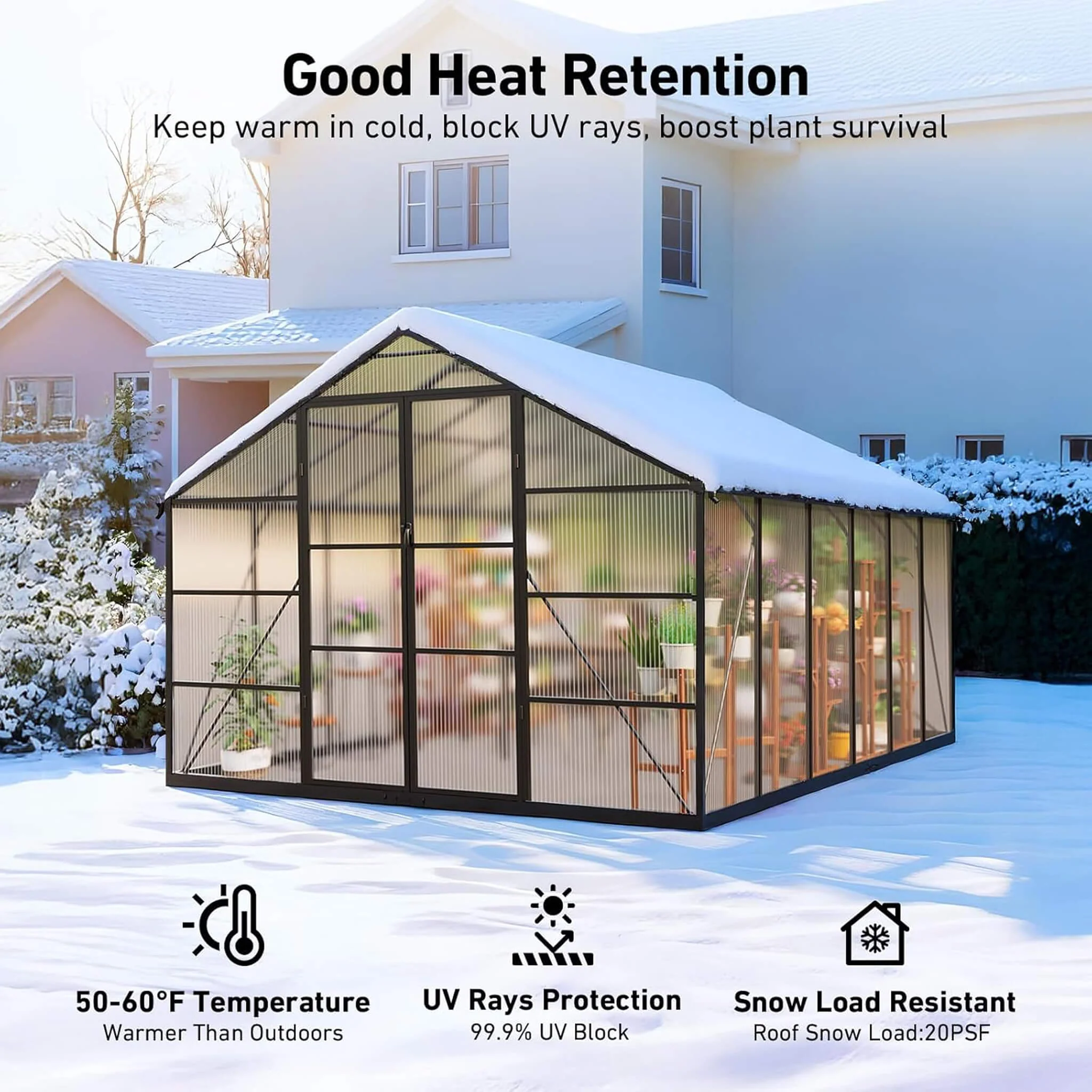 [10X12FT] Outdoor Polycarbonate Aluminum Greenhouse With UV Protection And Thermometer (SAK59183) - Image 8