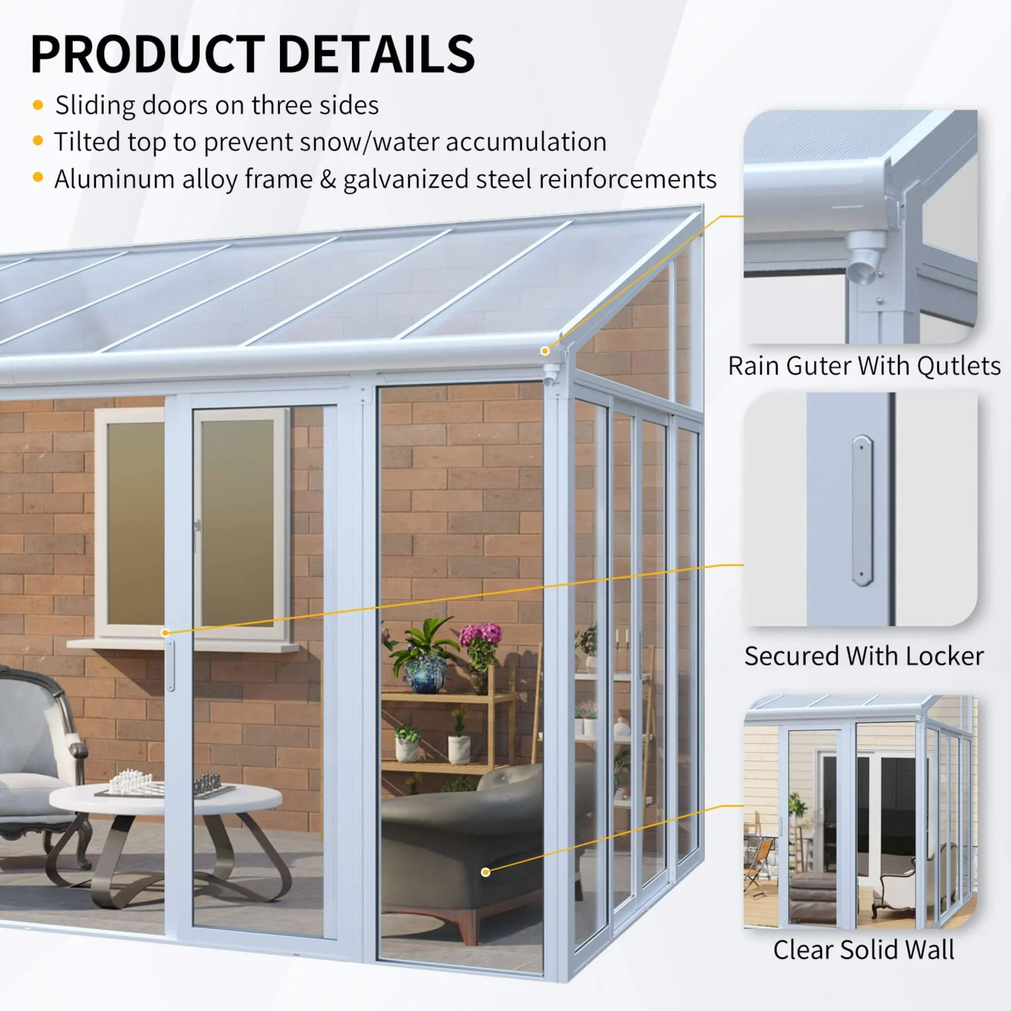 [10X14FT] Heavy-Duty All-Season Aluminum Alloy Patio Sunroom With 3 Lockable Sliding Doors (SAK62713) - Image 3