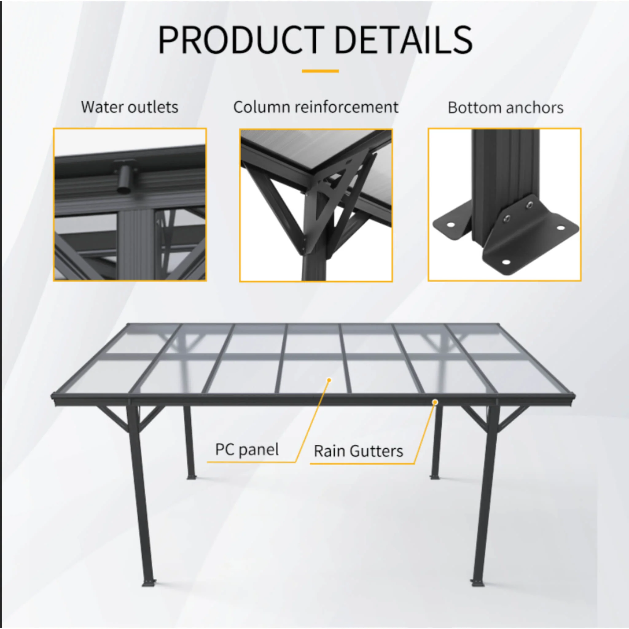 [10X16FT] Alora Heavy-Duty Outdoor Driveway Pergola With Aluminum Alloy Frame And Polycarbonate Panels (SAK47395) - Image 5