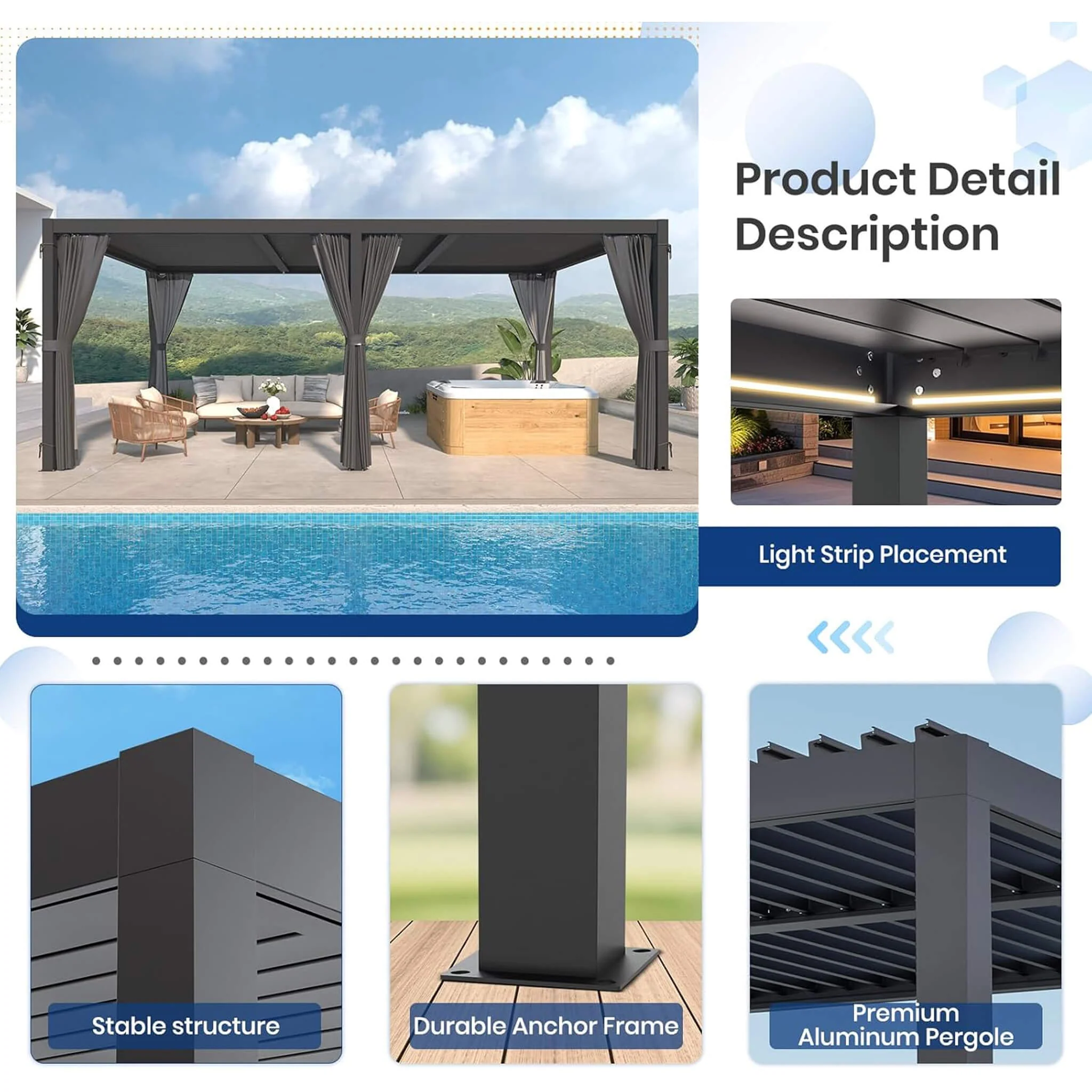 [10X20FT] Alora Premium Louvered Pergola With Curtains And Netting (SAK67041) - Image 3