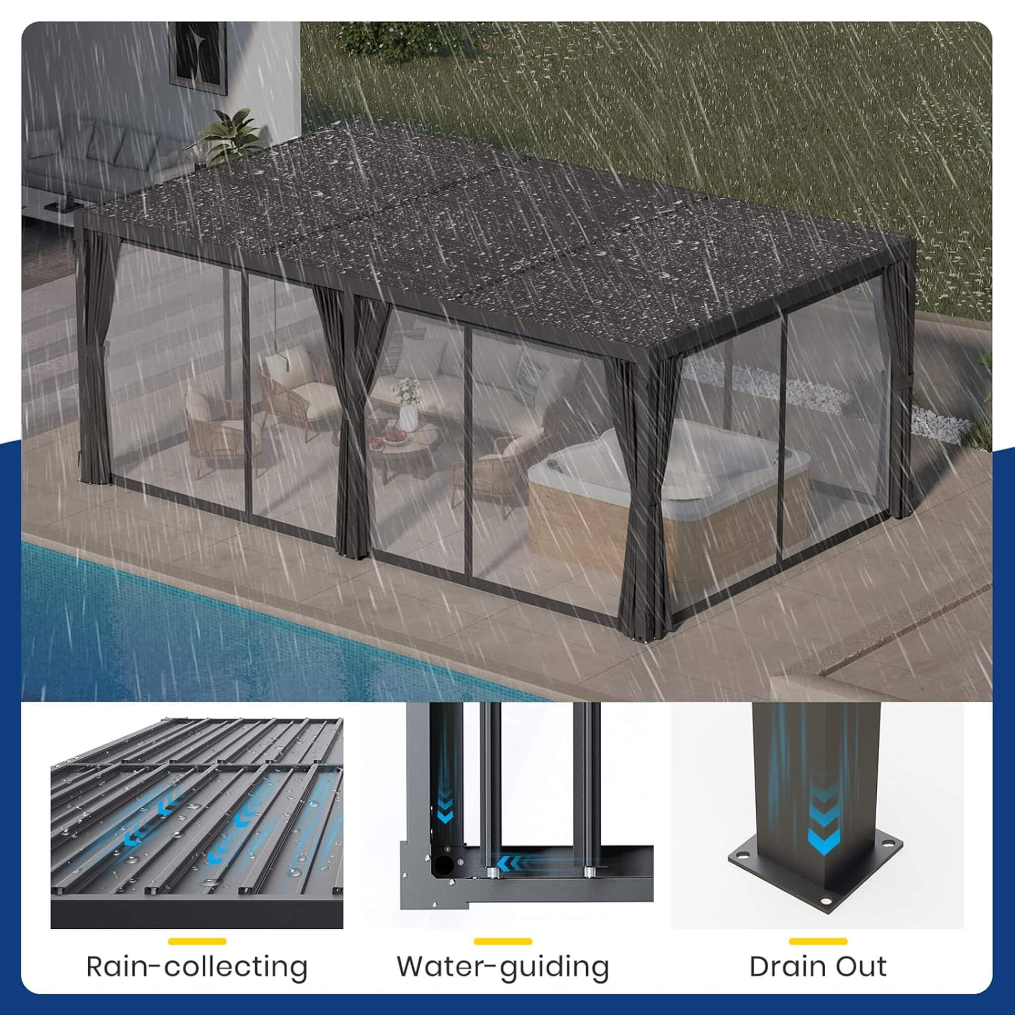 [10X20FT] Alora Premium Louvered Pergola With Curtains And Netting (SAK67041) - Image 6