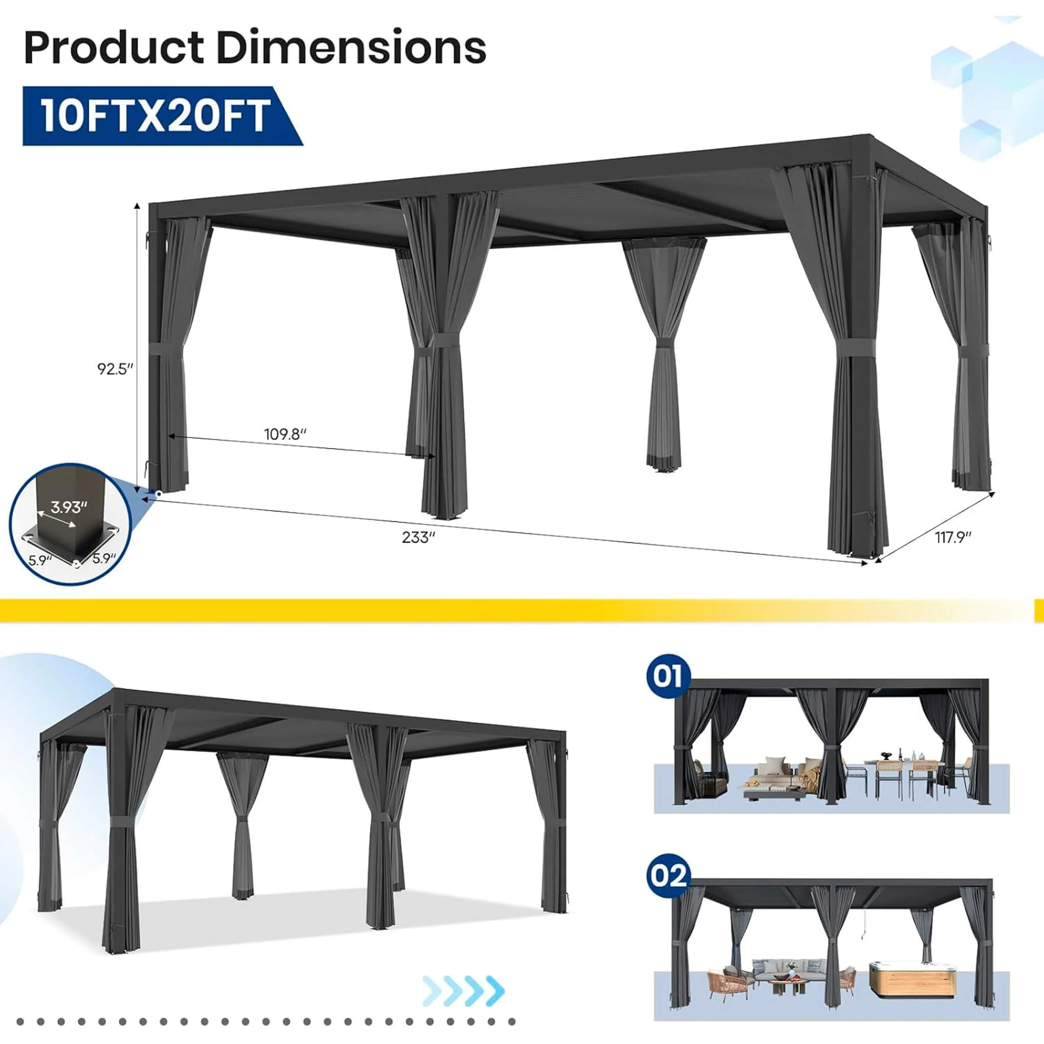 [10X20FT] Alora Premium Louvered Pergola With Curtains And Netting (SAK67041) - Image 8