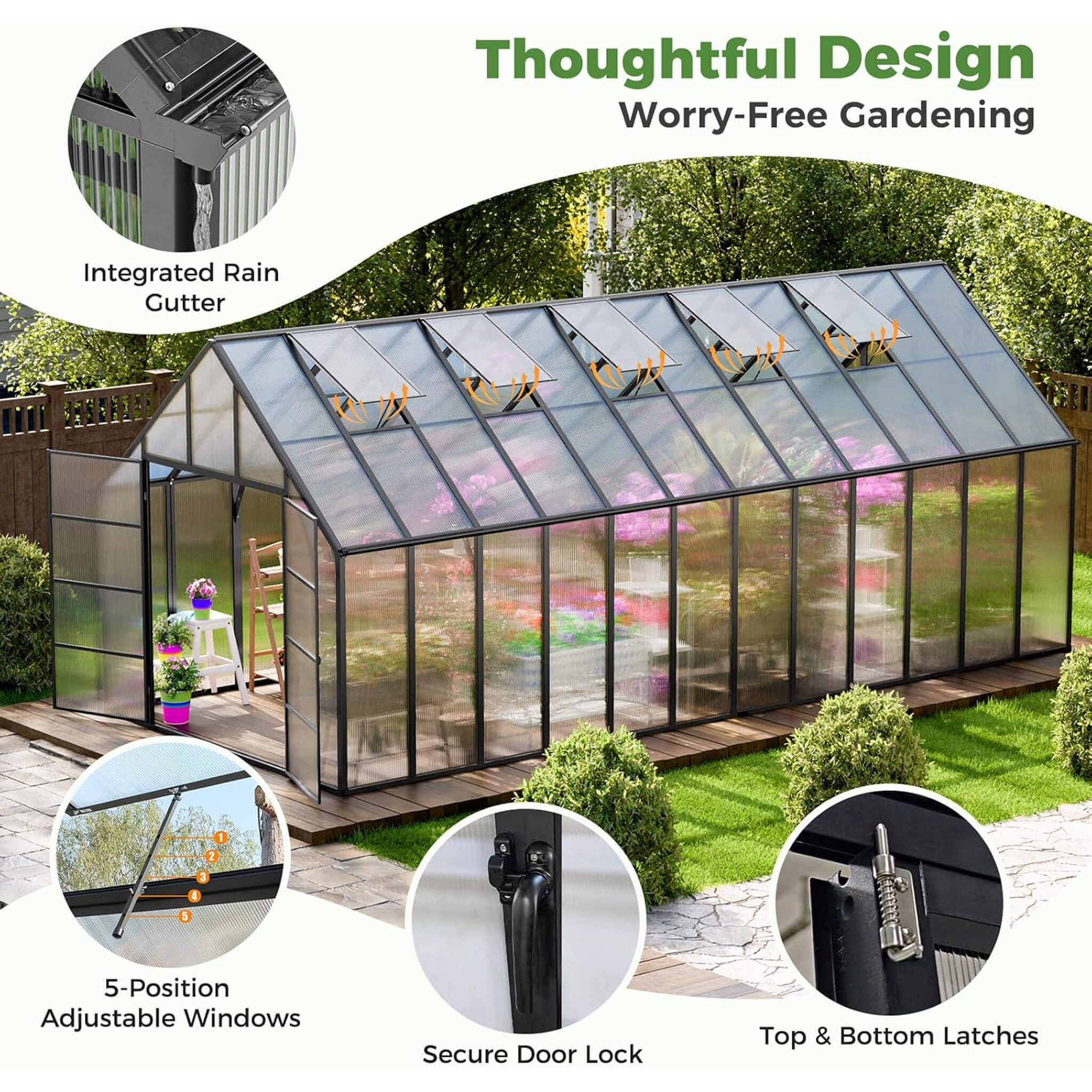 [10X24FT] Heavy-Duty Outdoor Aluminum Polycarbonate Greenhouse With Roof Vents And Swing Doors, 4MM (SAK97032) - Image 3
