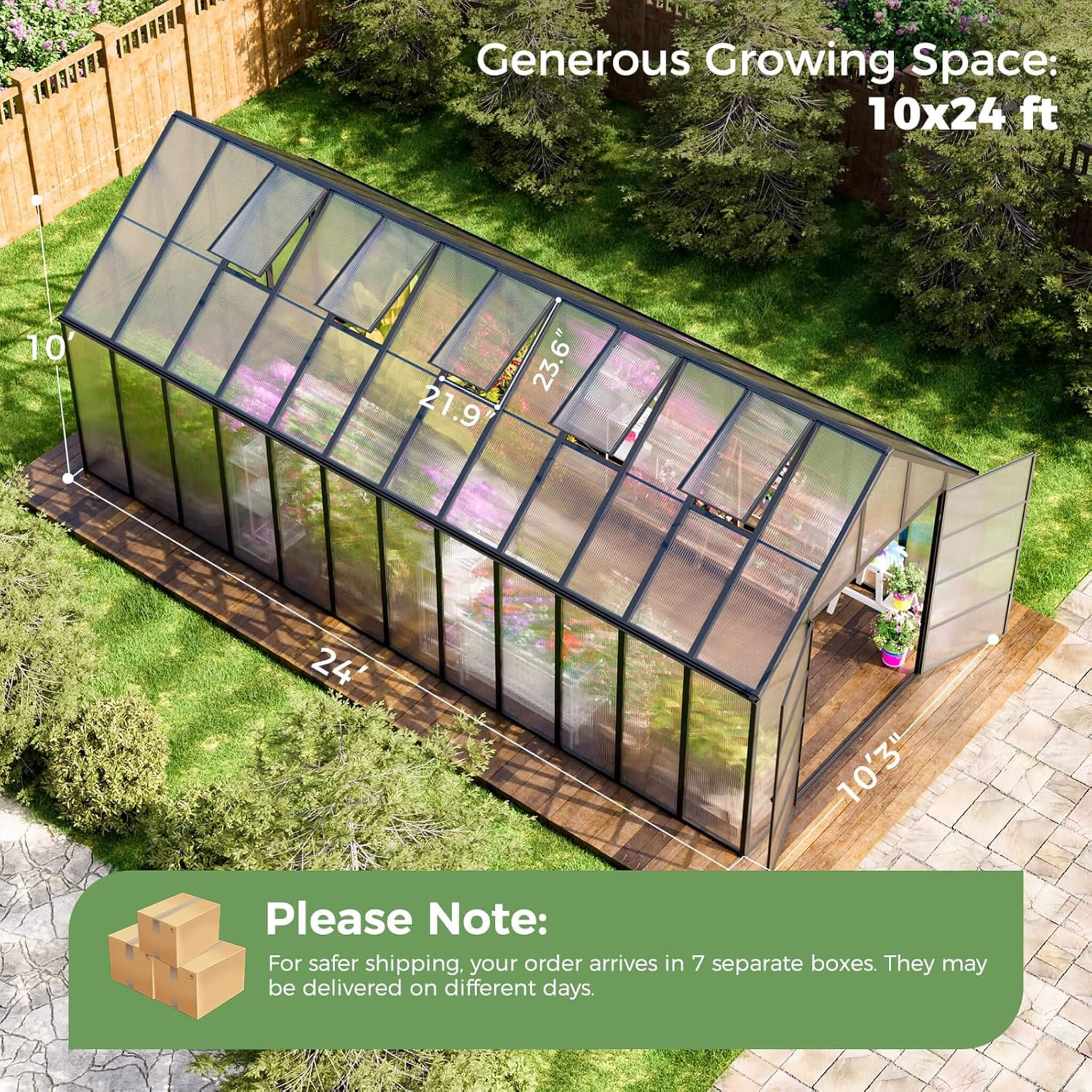 [10X24FT] Heavy-Duty Outdoor Aluminum Polycarbonate Greenhouse With Roof Vents And Swing Doors, 4MM (SAK97032) - Image 8