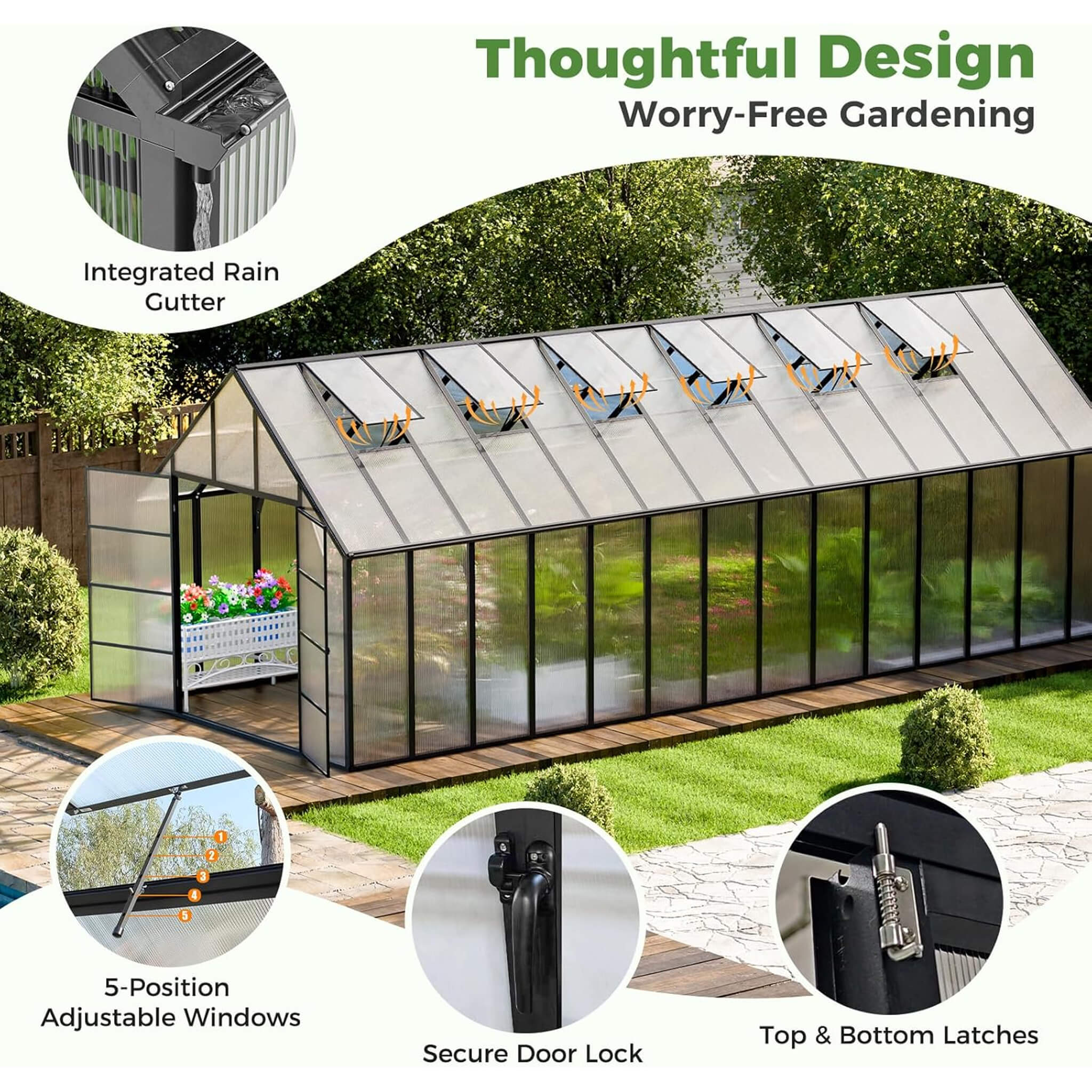 [10X28FT] Heavy-Duty Outdoor Aluminum Polycarbonate Greenhouse With Roof Vents And Swing Doors, 4MM (SAK24618) - Image 6