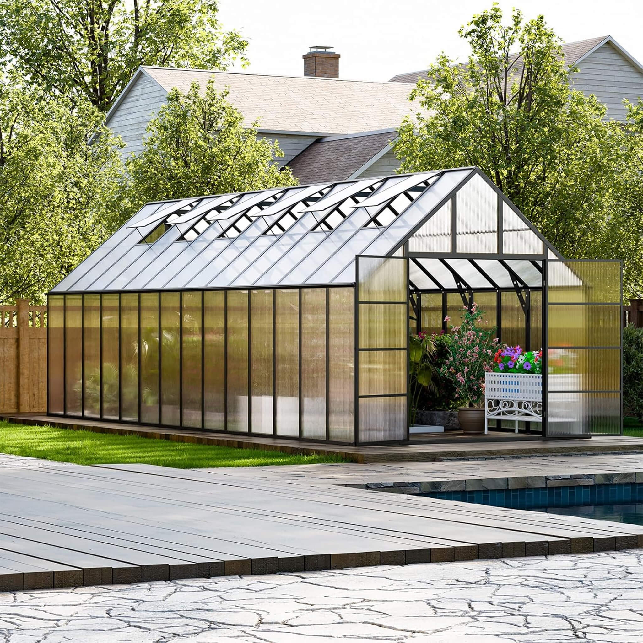 [10X28FT] Heavy-Duty Outdoor Aluminum Polycarbonate Greenhouse With Roof Vents And Swing Doors, 4MM (SAK24618) - Image 7