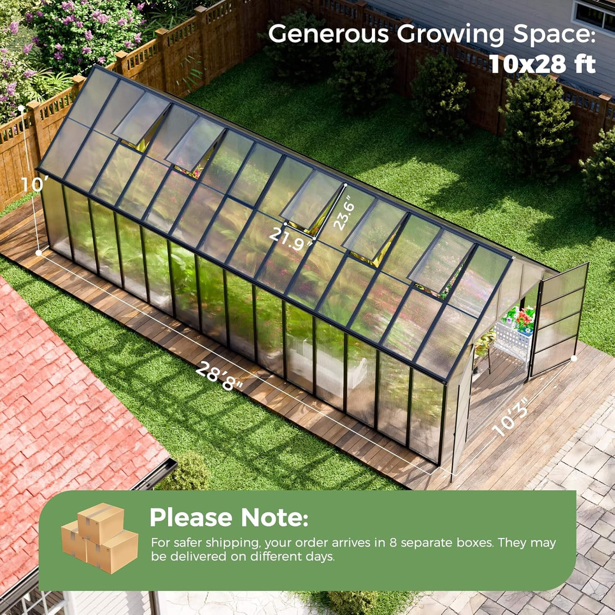 [10X28FT] Heavy-Duty Outdoor Aluminum Polycarbonate Greenhouse With Roof Vents And Swing Doors, 4MM (SAK24618) - Image 8