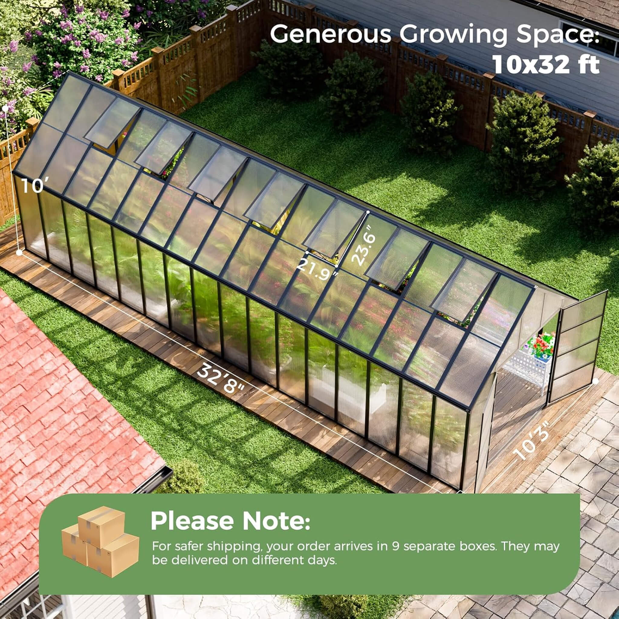 [10X32FT] Heavy-Duty Outdoor Aluminum Polycarbonate Greenhouse With Roof Vents And Swing Doors, 4MM (SAK10483) - Image 7