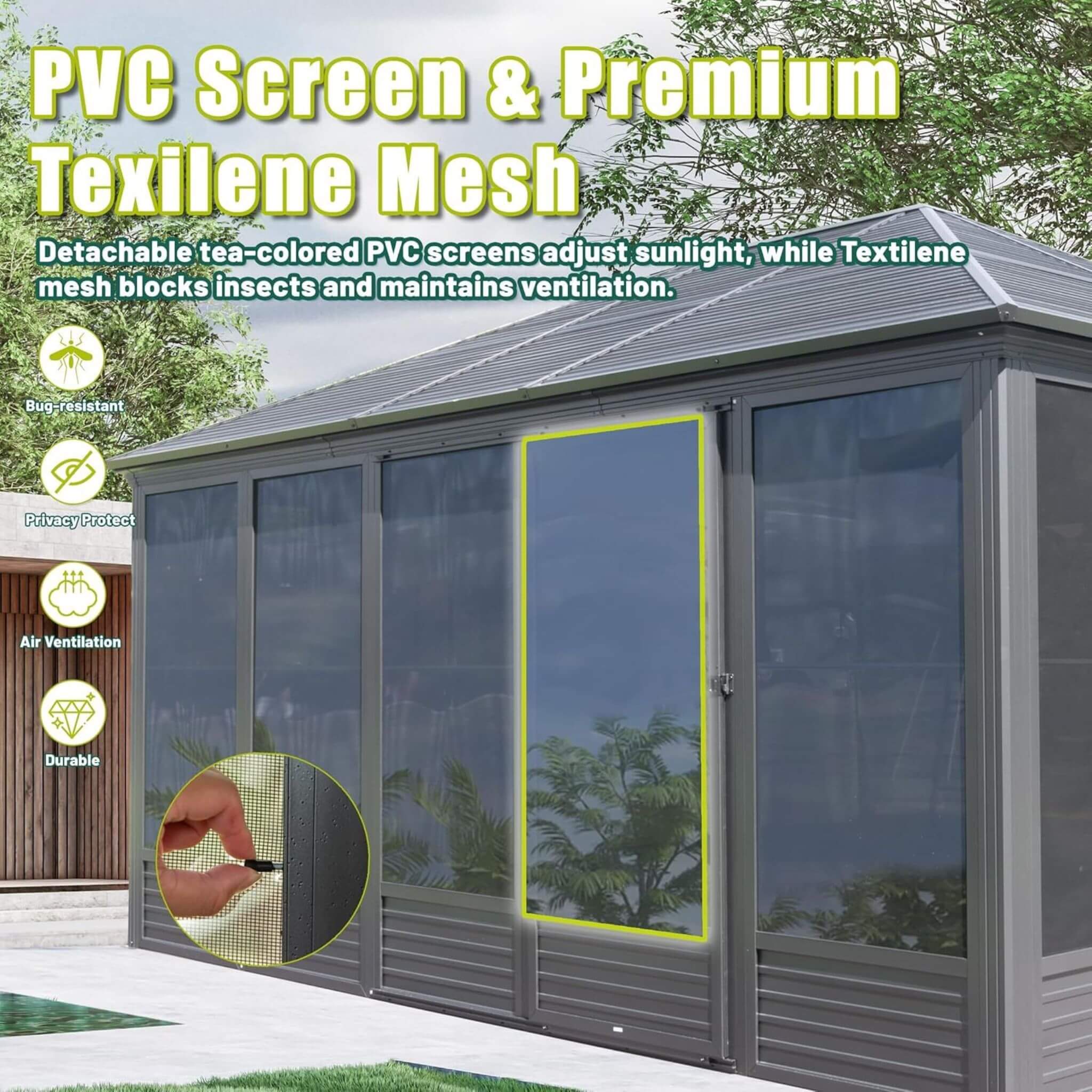 [11X14FT] Premium Four Season Outdoor Aluminum Hardtop Gazebo Sunroom With Galvanized Steel Roof, Sliding Doors And Movable PVC Screen Walls (SAK88776) - Image 5