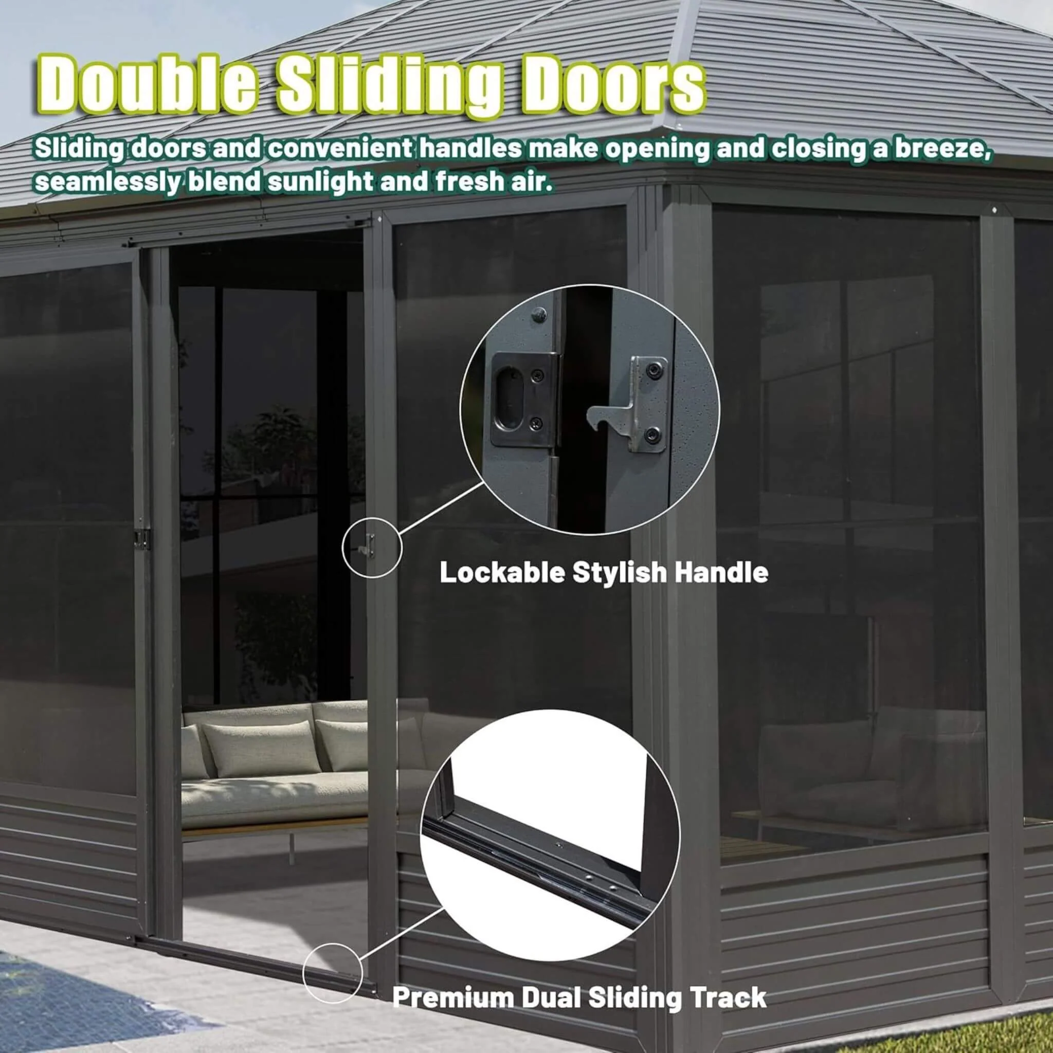 [11X14FT] Premium Four Season Outdoor Aluminum Hardtop Gazebo Sunroom With Galvanized Steel Roof, Sliding Doors And Movable PVC Screen Walls (SAK88776) - Image 7