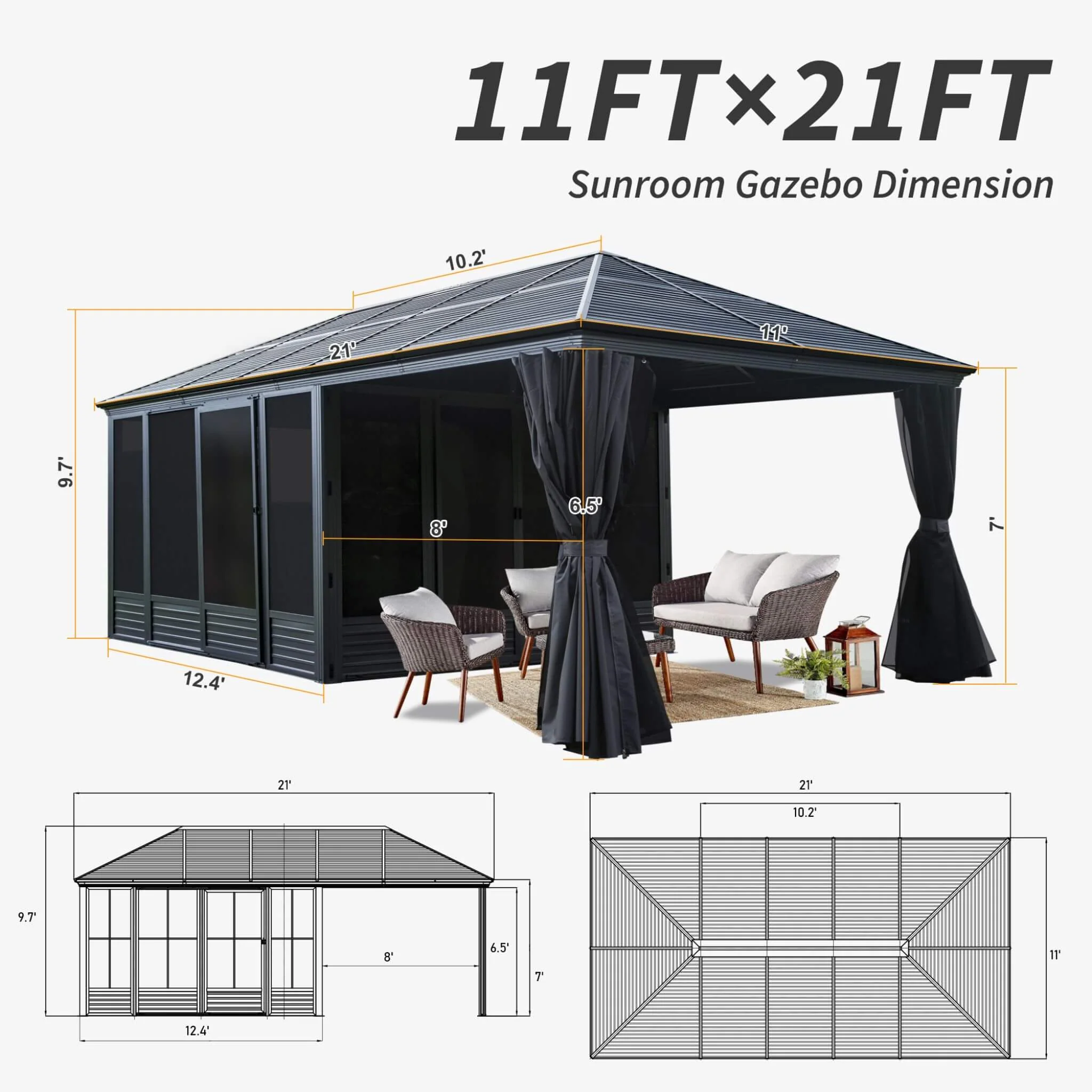 [11X21FT] Alora Outdoor All-Season Solarium Sunroom Gazebo With Galvanized Steel Roof (SAK42018) - Image 10