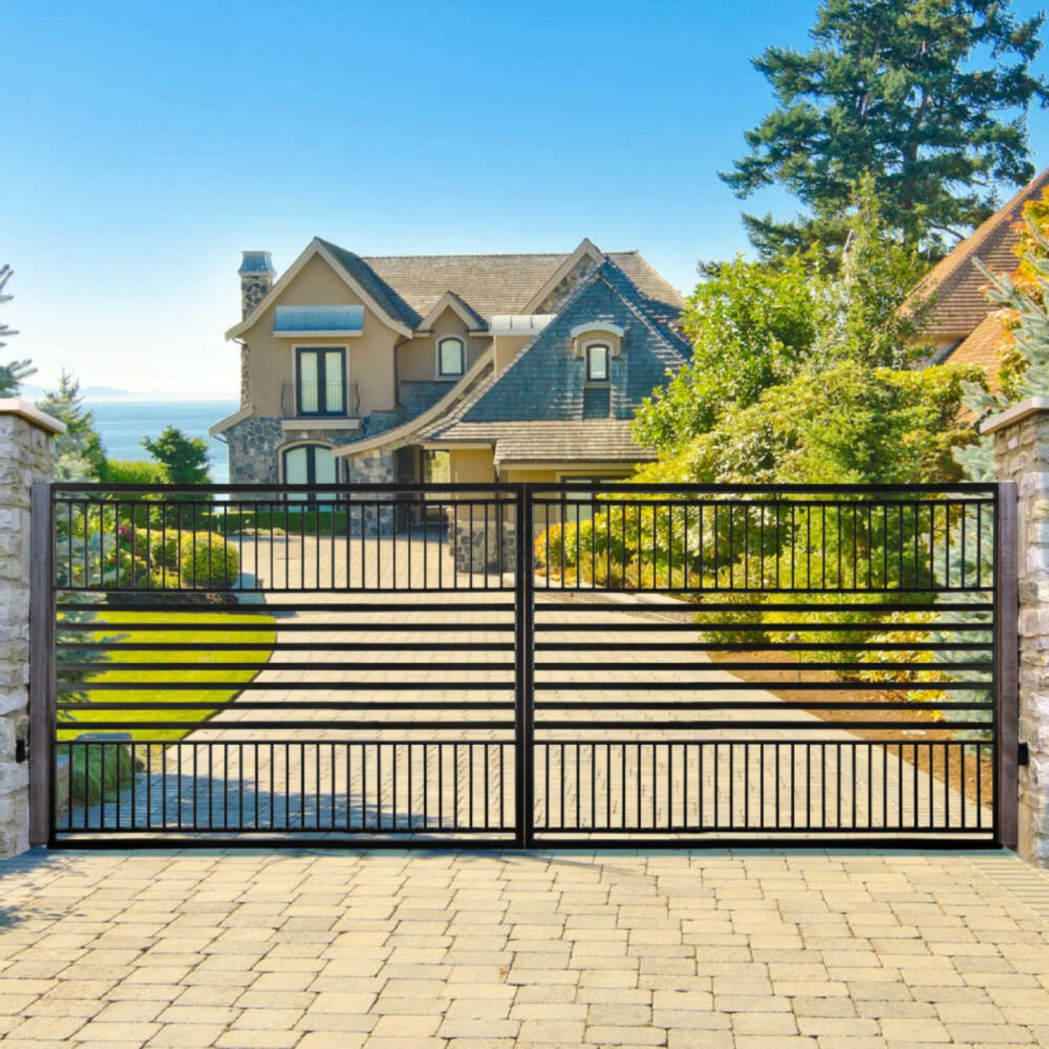 [12-18FT] Heavy-Duty Barcelona-Style Powder-Coated Steel Galvanized Dual Swing Driveway Gate (SAK25978) - Image 3