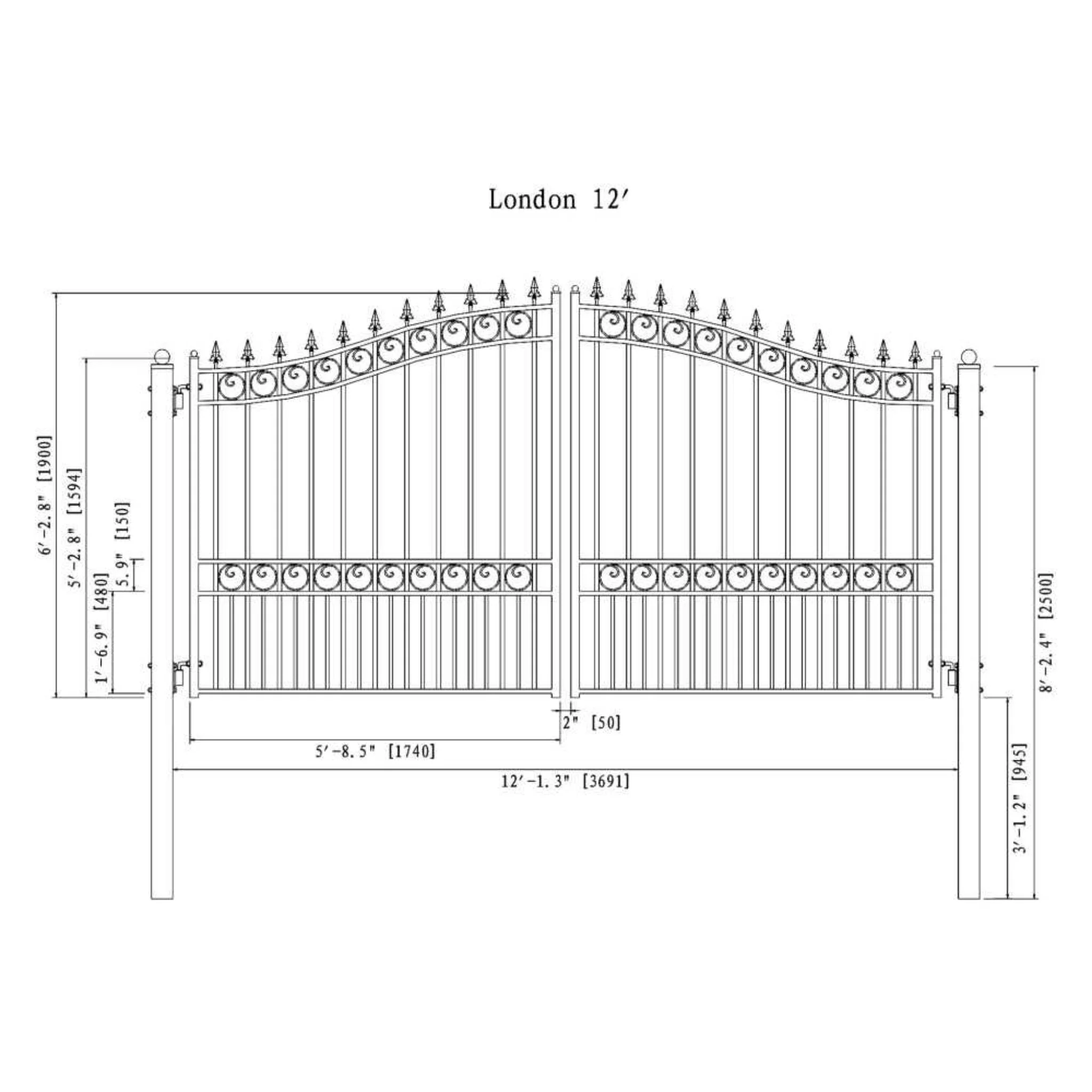 [12-18FT] Heavy-Duty London-Style Powder-Coated Galvanized Steel Dual-Swing Driveway Gate (SAK48520) - Image 11