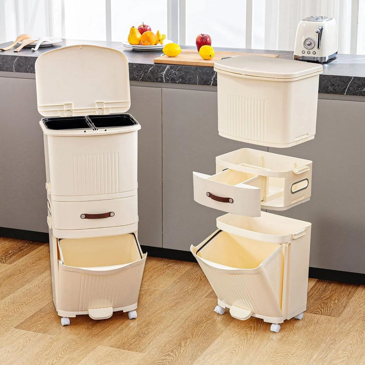 12-Gallon Elevated Trash Can Recycle Bin with Lid on Wheels in Cream - Image 2