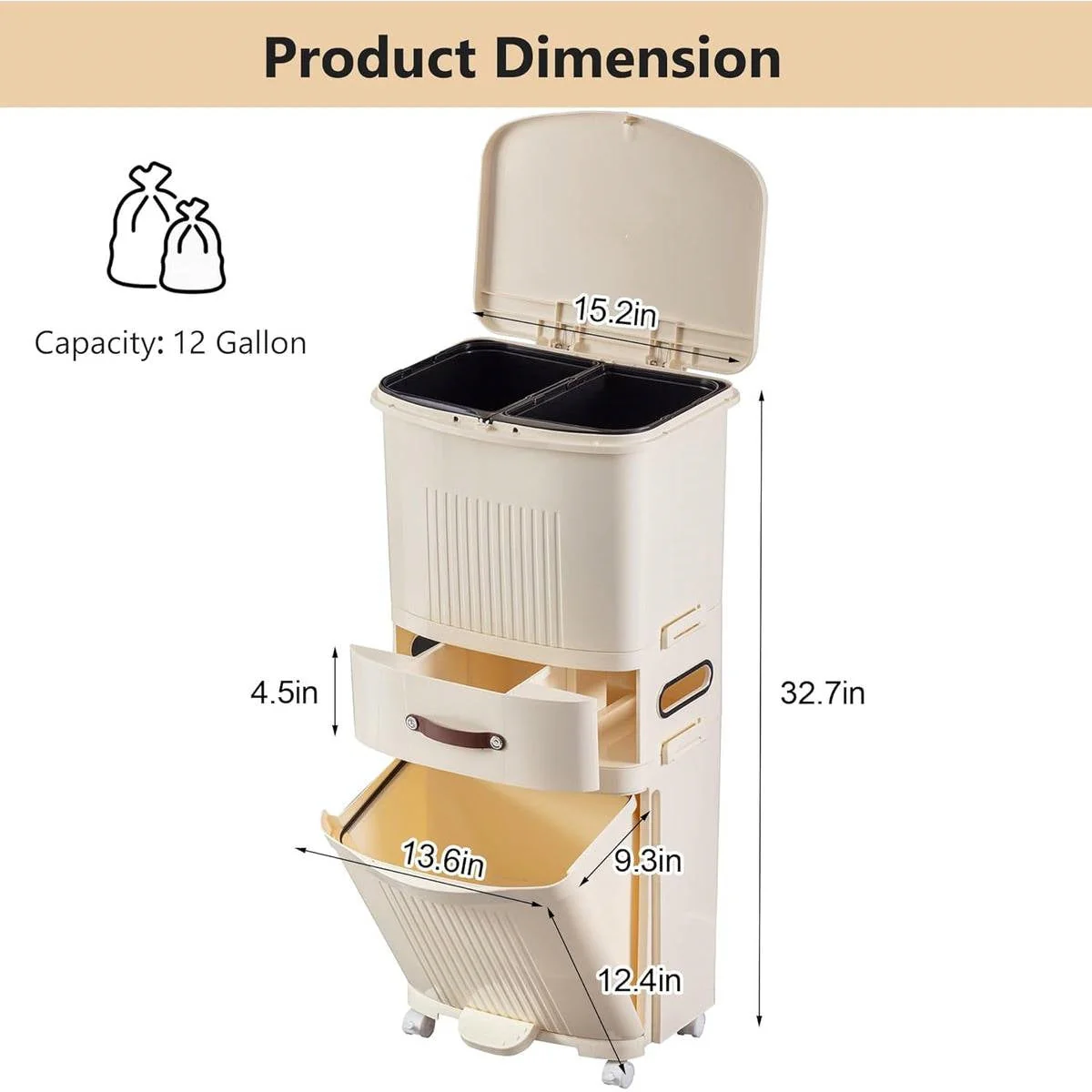 12-Gallon Elevated Trash Can Recycle Bin with Lid on Wheels in Cream - Image 3