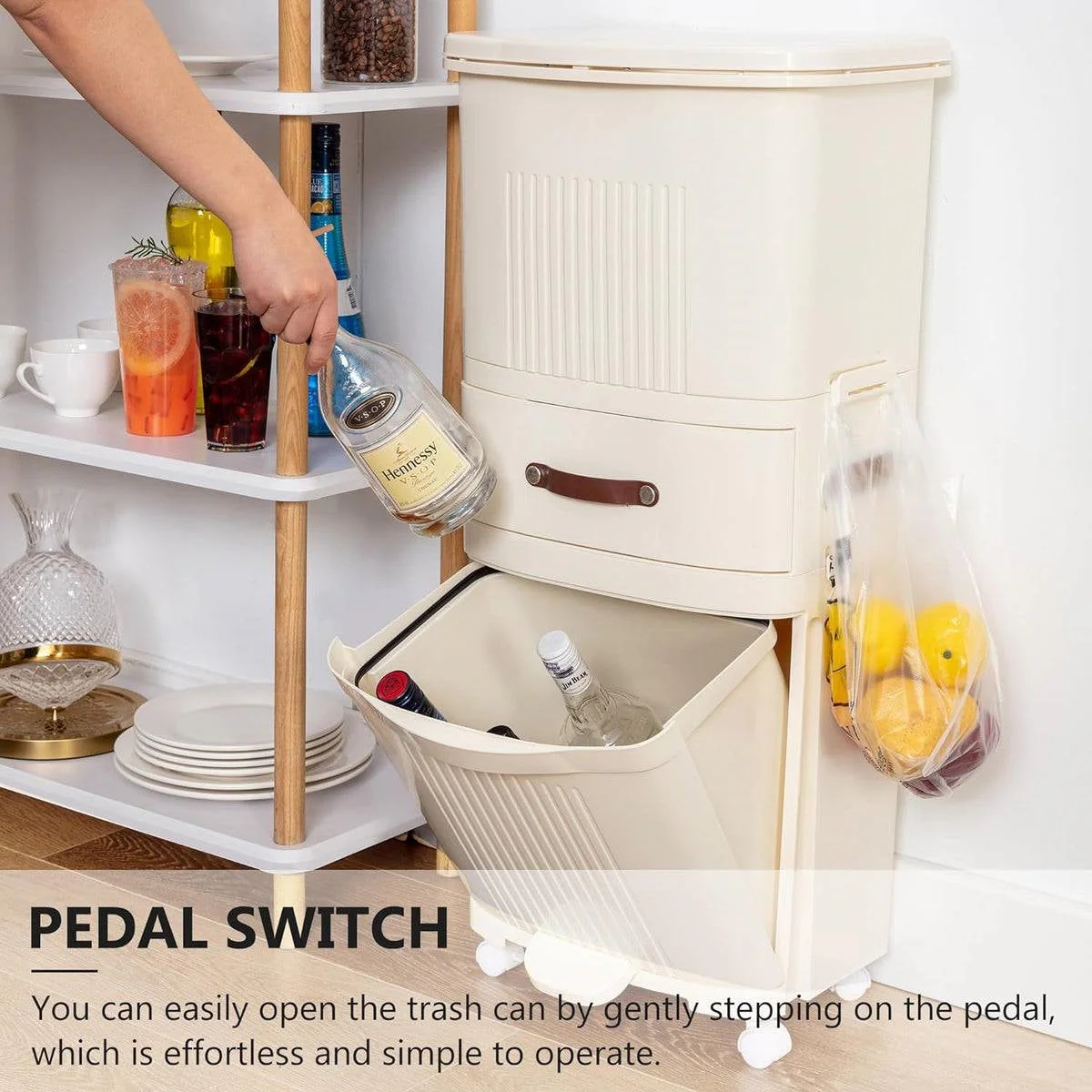 12-Gallon Elevated Trash Can Recycle Bin with Lid on Wheels in Cream - Image 4
