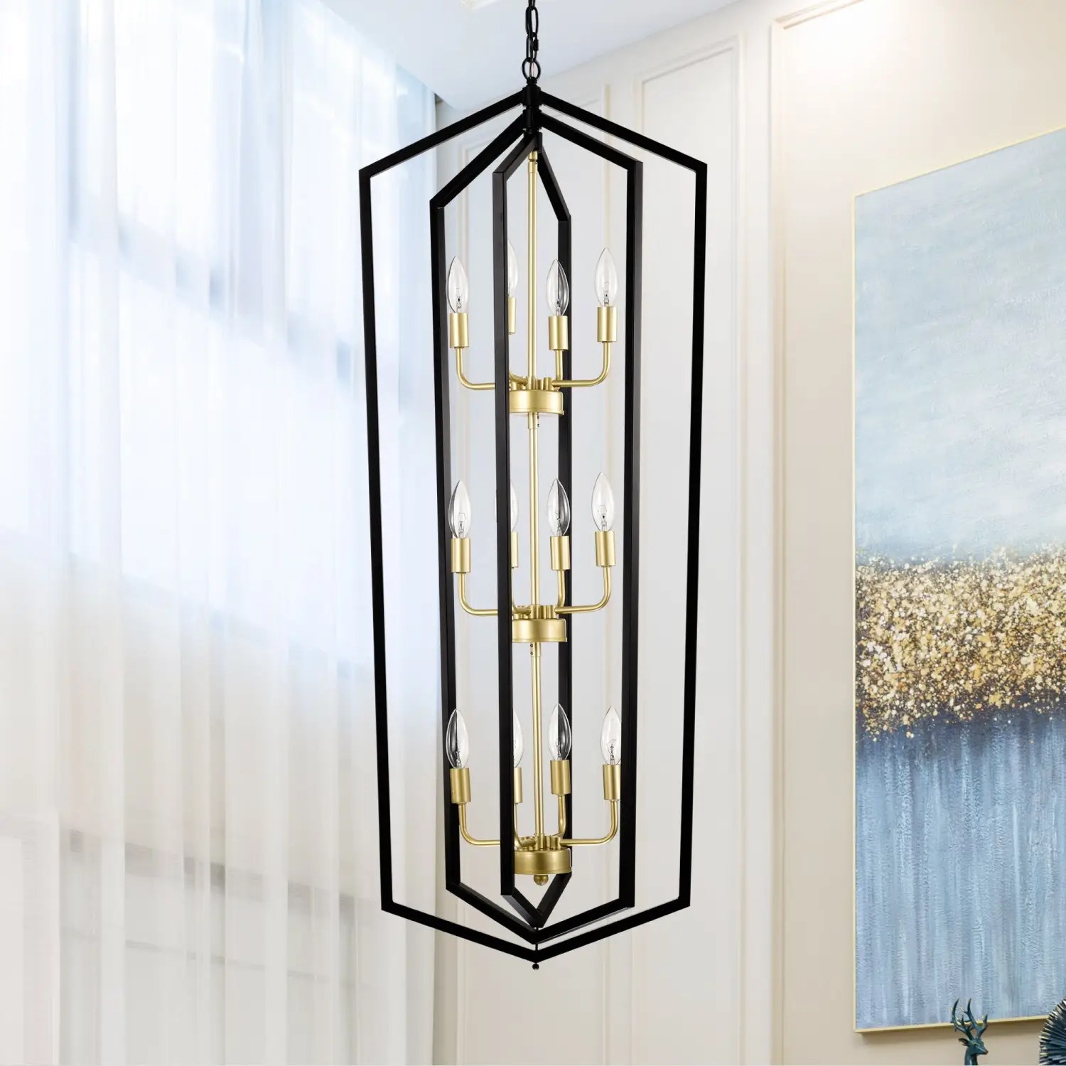 12 Light Farmhouse Hanging Light Indoor Lantern Chandelier with Gold Finish - Image 10