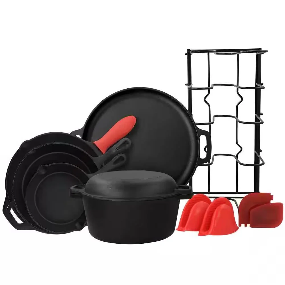 12-Piece Cast Iron Cookware set with Dutch Oven Frying Pan Skillet and Pizza Pan - Image 3