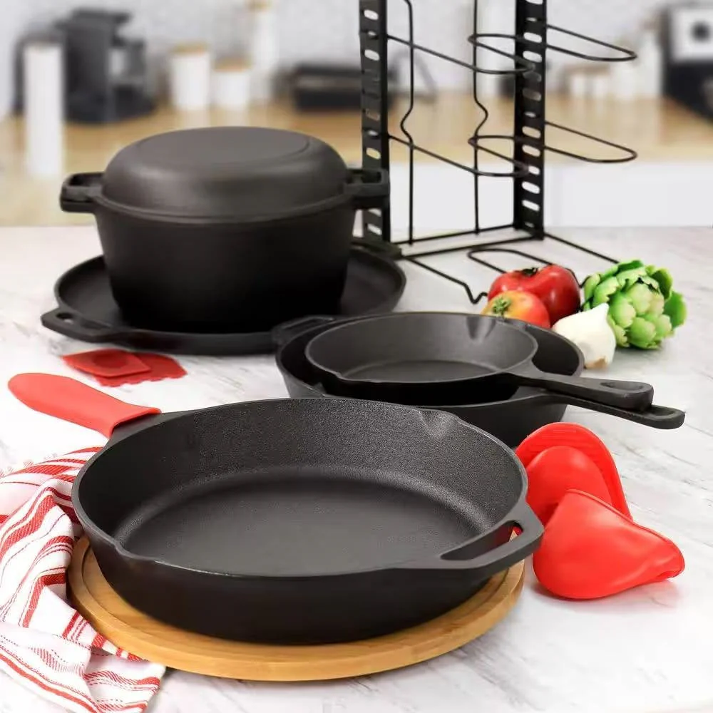 12-Piece Cast Iron Cookware set with Dutch Oven Frying Pan Skillet and Pizza Pan - Image 5