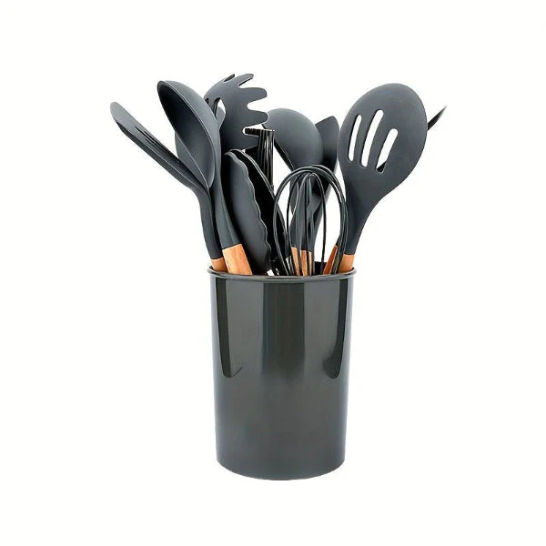12-Piece Grey Silicone Kitchen Utensil Set with Holder – Heat Resistant - Image 3