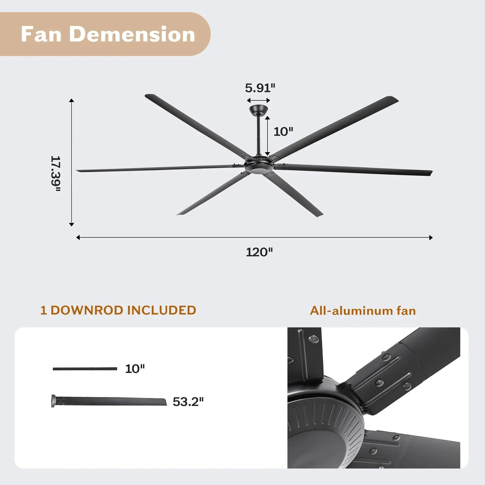 120 Inch HVLS Fan Jupiter Industrial Aluminum Extra Large Ceiling Fan with Remote Control - Image 4