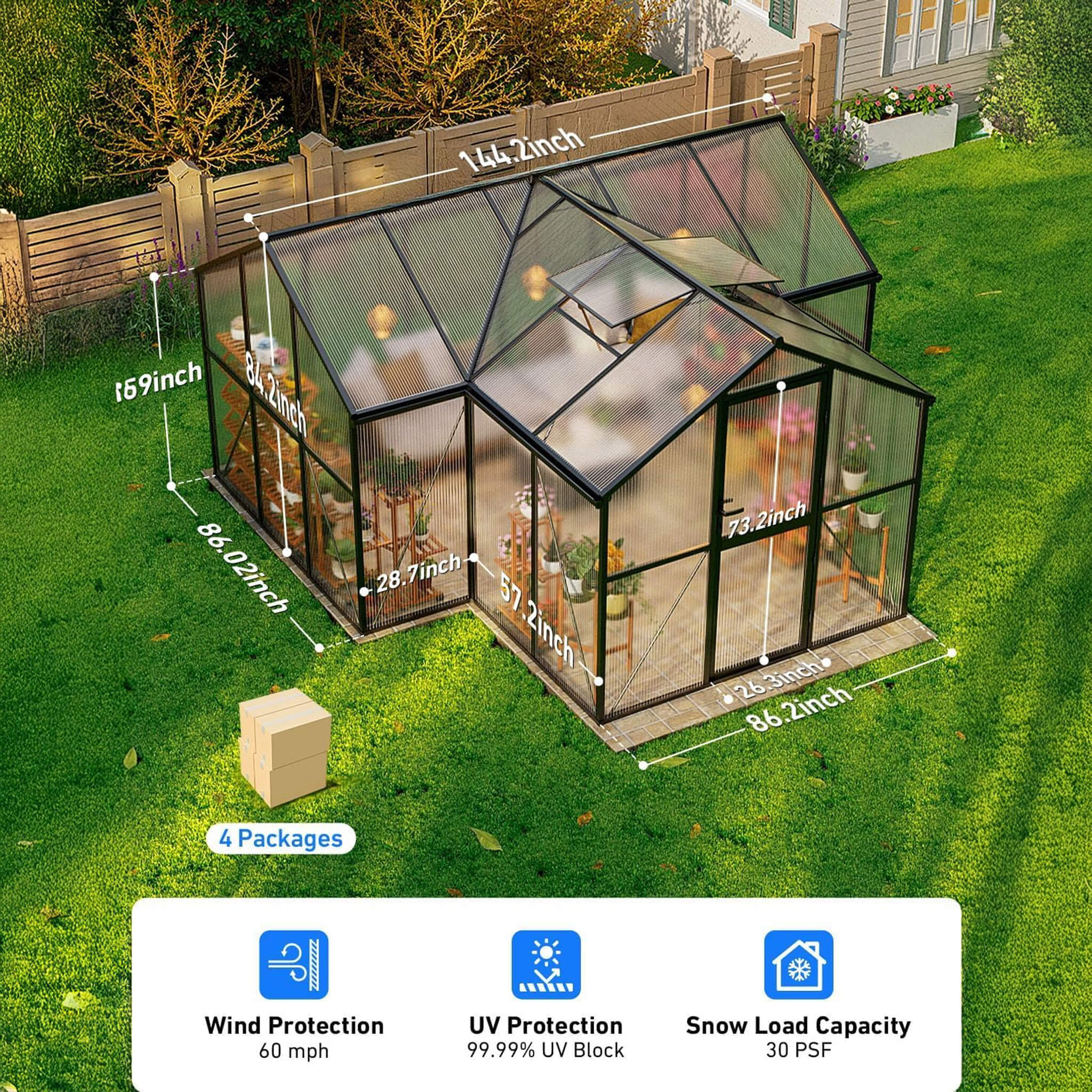 [12X12FT] Premium T-Shape Polycarbonate Greenhouse With UV Protection And Aluminum Frame (SAK27460) - Image 8