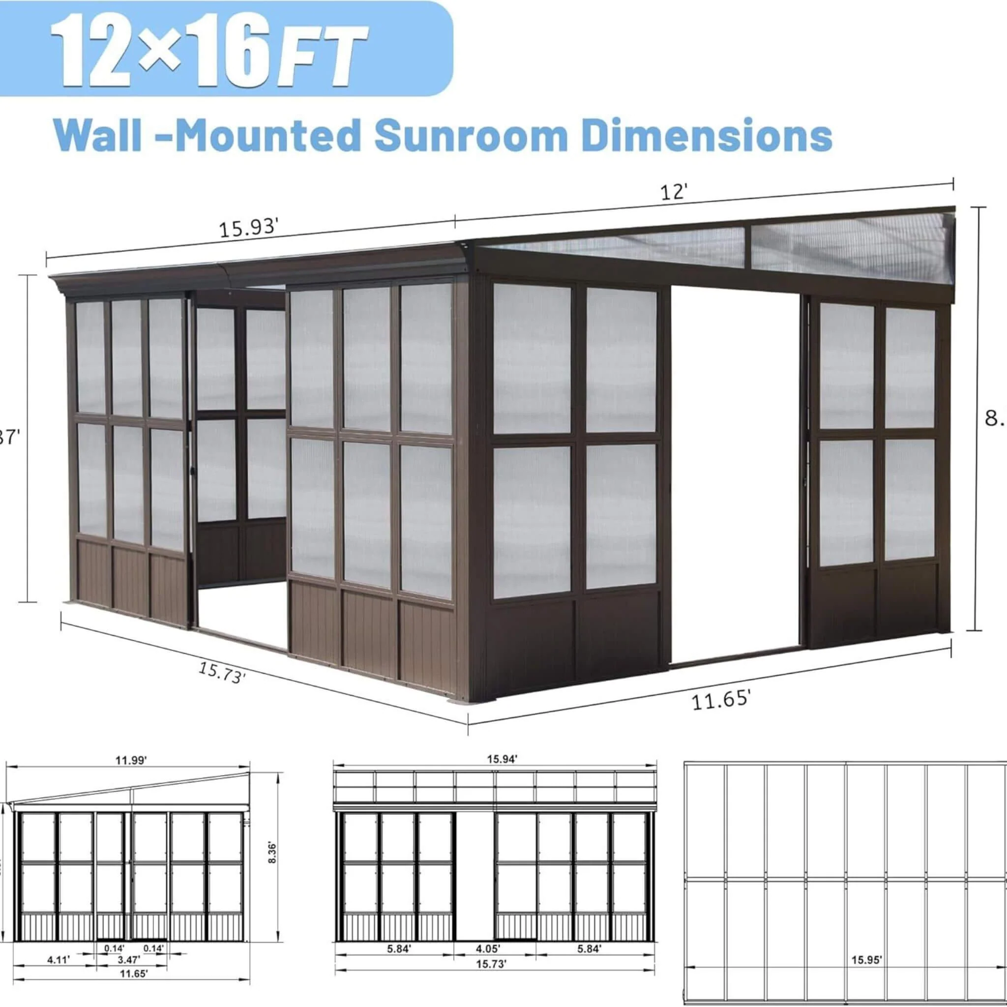 [12X16FT] Extra-Large Heavy-Duty All-Season Sunroom With Sliding Doors And Polycarbonate Windows (SAK98357) - Image 10