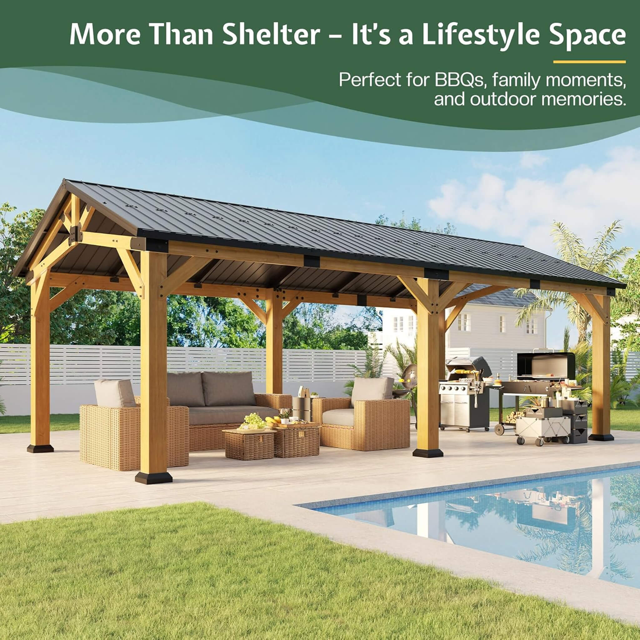 [12X24FT] Alora Large Heavy-Duty Outdoor Cedar Wood Hardtop Carport With Galvanized Steel Roof (SAK48392) - Image 4