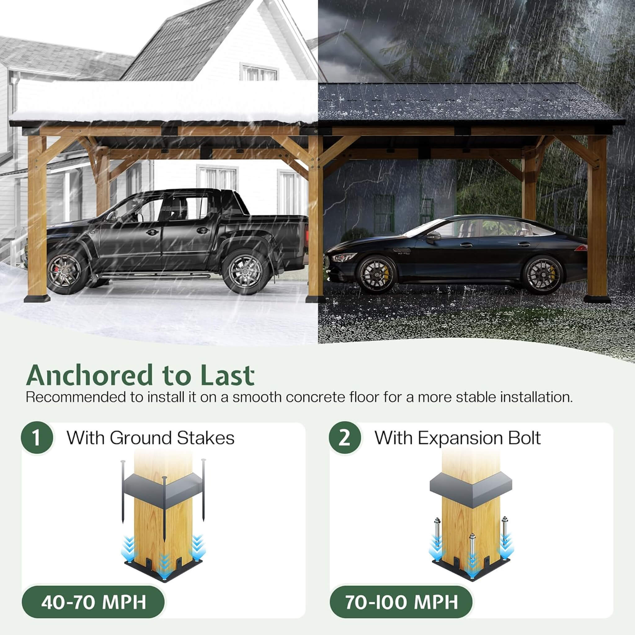 [12X24FT] Alora Large Heavy-Duty Outdoor Cedar Wood Hardtop Carport With Galvanized Steel Roof (SAK48392) - Image 6